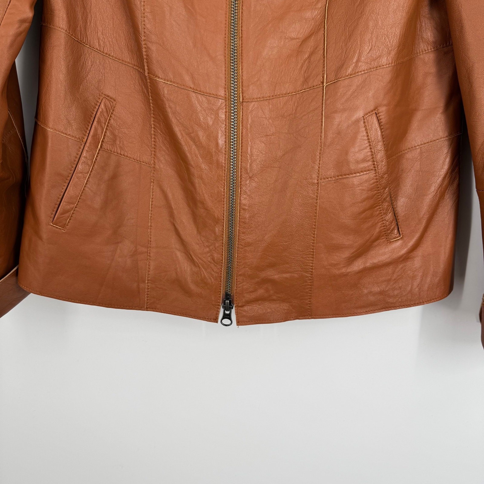 Madeleine jacket women’s 8 100% lamb soft Nappa leather zip front cognac brown