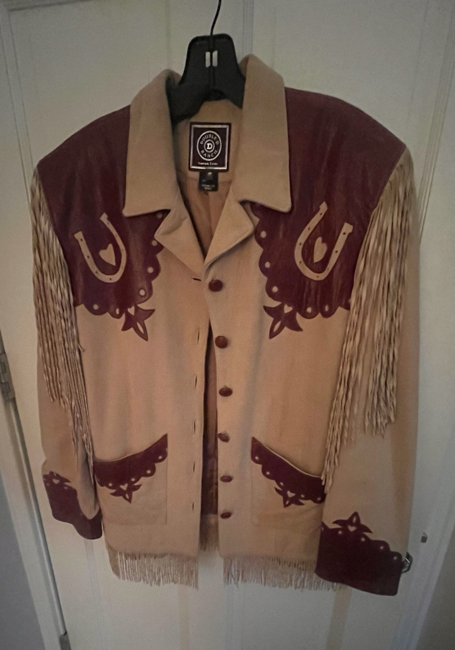 Double D Ranch Women’s Suede Fringe Western Jacket Colorblock tan /rust M