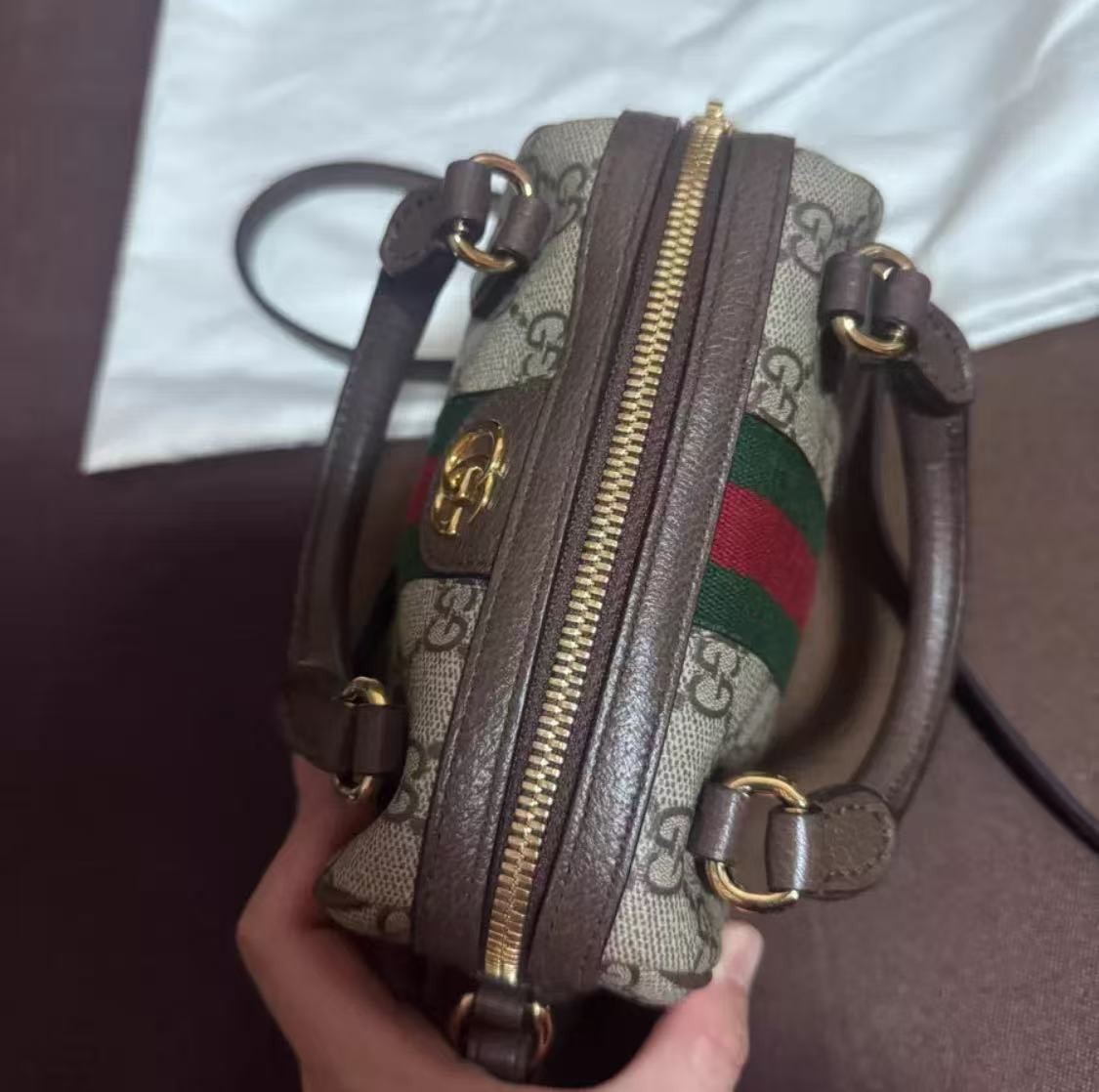GUCCI Ophidia Mini Boston Beige/Ebony GG Canvas Top Handle Bag hot sale Auth