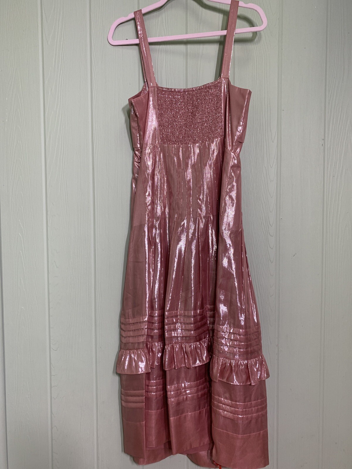 Rebecca Taylor Chiffon Bow Tie Metallic Shimmer Pink Pleated Midi Dress 14