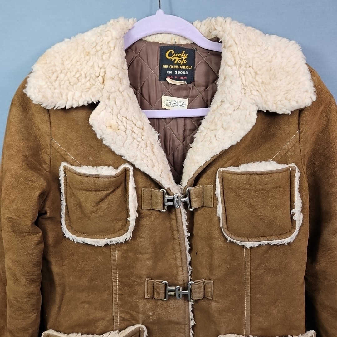 Vtg Curly Top Sheepskin Style Shearling 4 Pocket Lined Clasp Jacket Size 7/8
