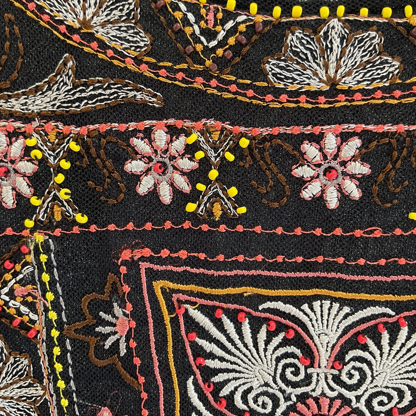 Sundance Beaded and Embroidered Floral Black Peasant Top Long Sleeve Sz S