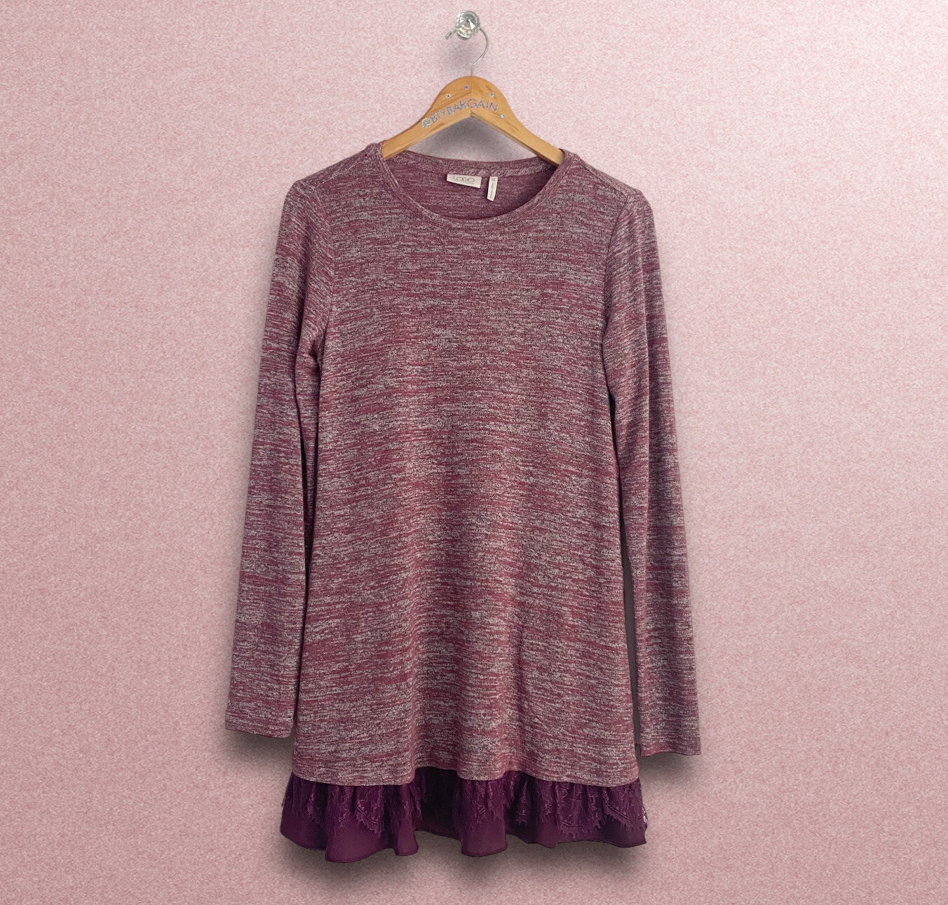LOGO Lori Goldstein Layered Lace Hem Long Sleeve Marled Knit Tunic XS (2/4) Plum