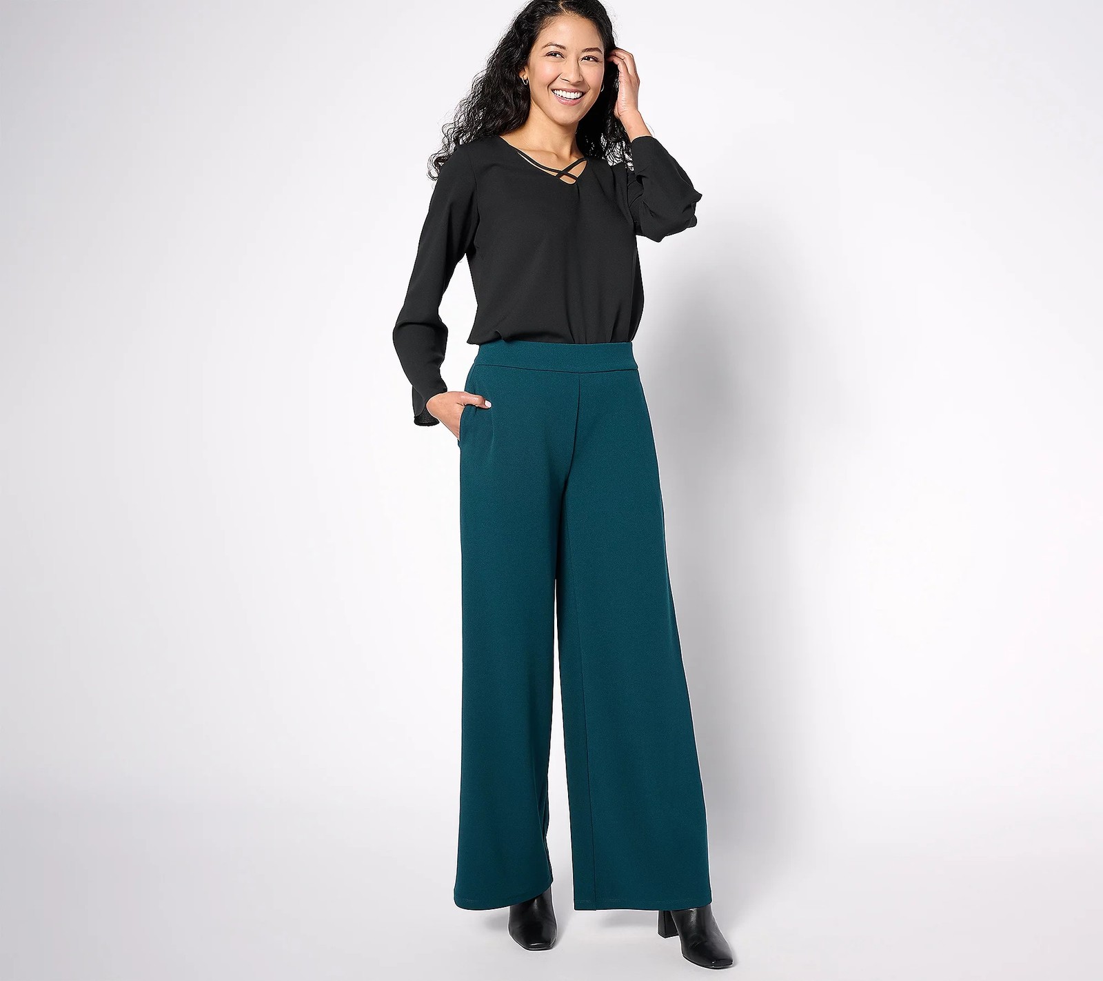 Dennis Basso Regular Luxe Crepe Wide Leg Pants Midnight Green L New