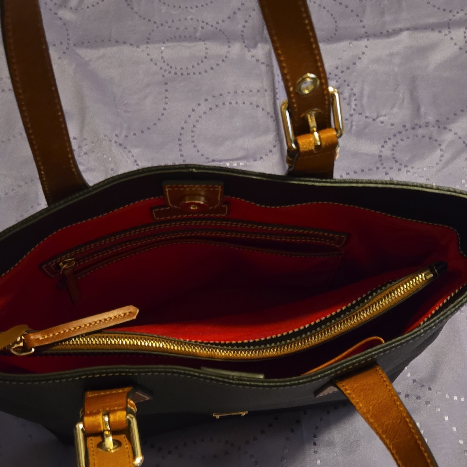 Dooney & Bourke Large Black Tote Zip Top Brown Double Handles Gold Hardware