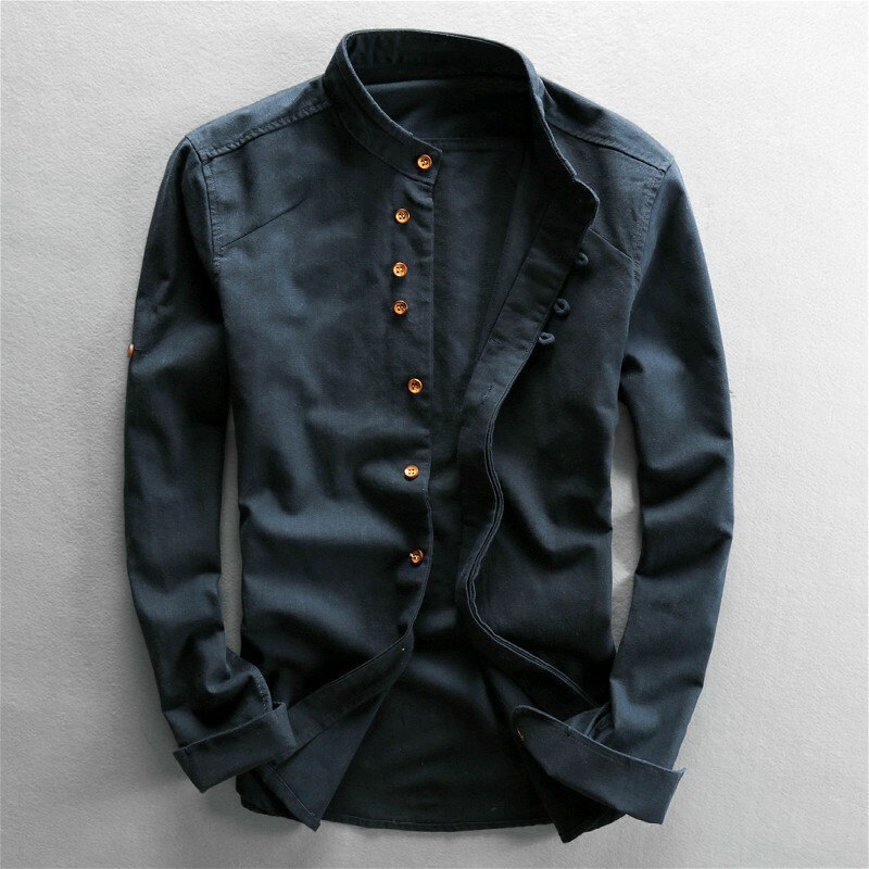 Cotton Linen Shirt Men Formal Retro Long Sleeve Mandarin Collar Frog Button Tops