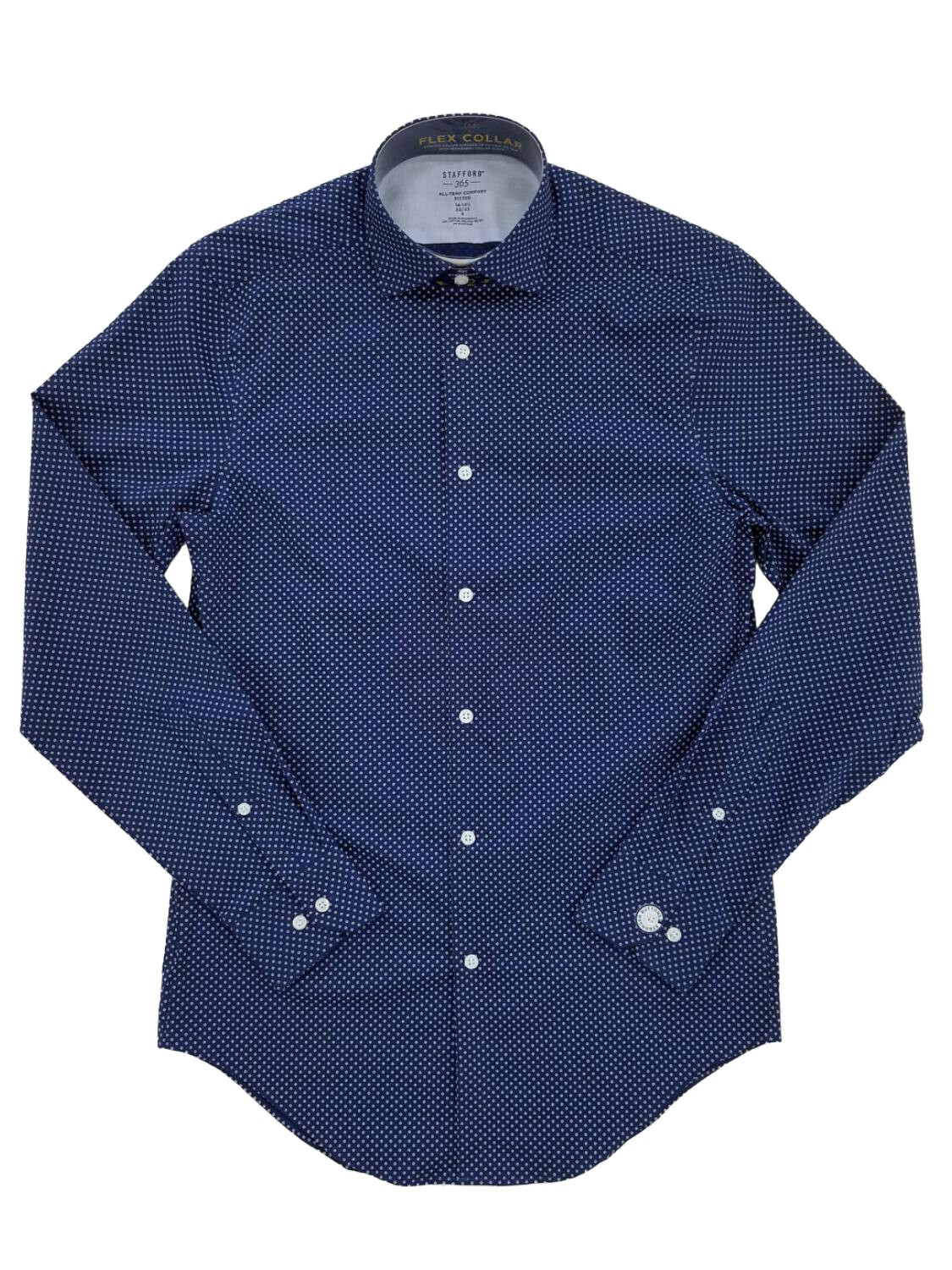 Mens Navy All-Temp Flex Collar Fitted Broadcloth Dress Shirt 14-14.5 / 32-33