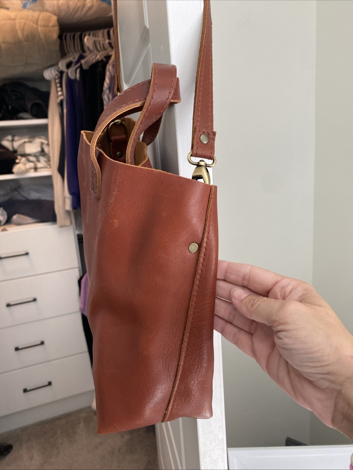 portland leather goods crossbody Medium tote- Cognac