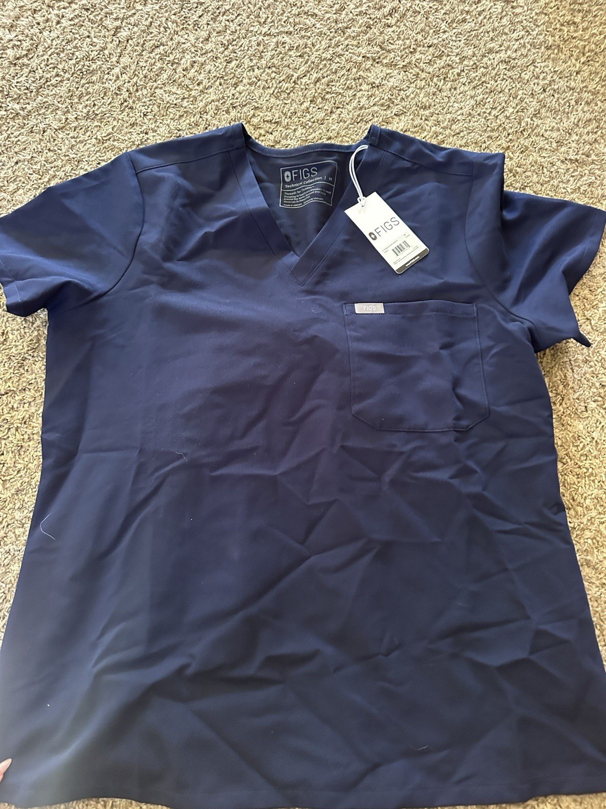 FIGS Women’s Navy Solid V-Neck Scrub Top w/ Pocket, Polyester, Size M