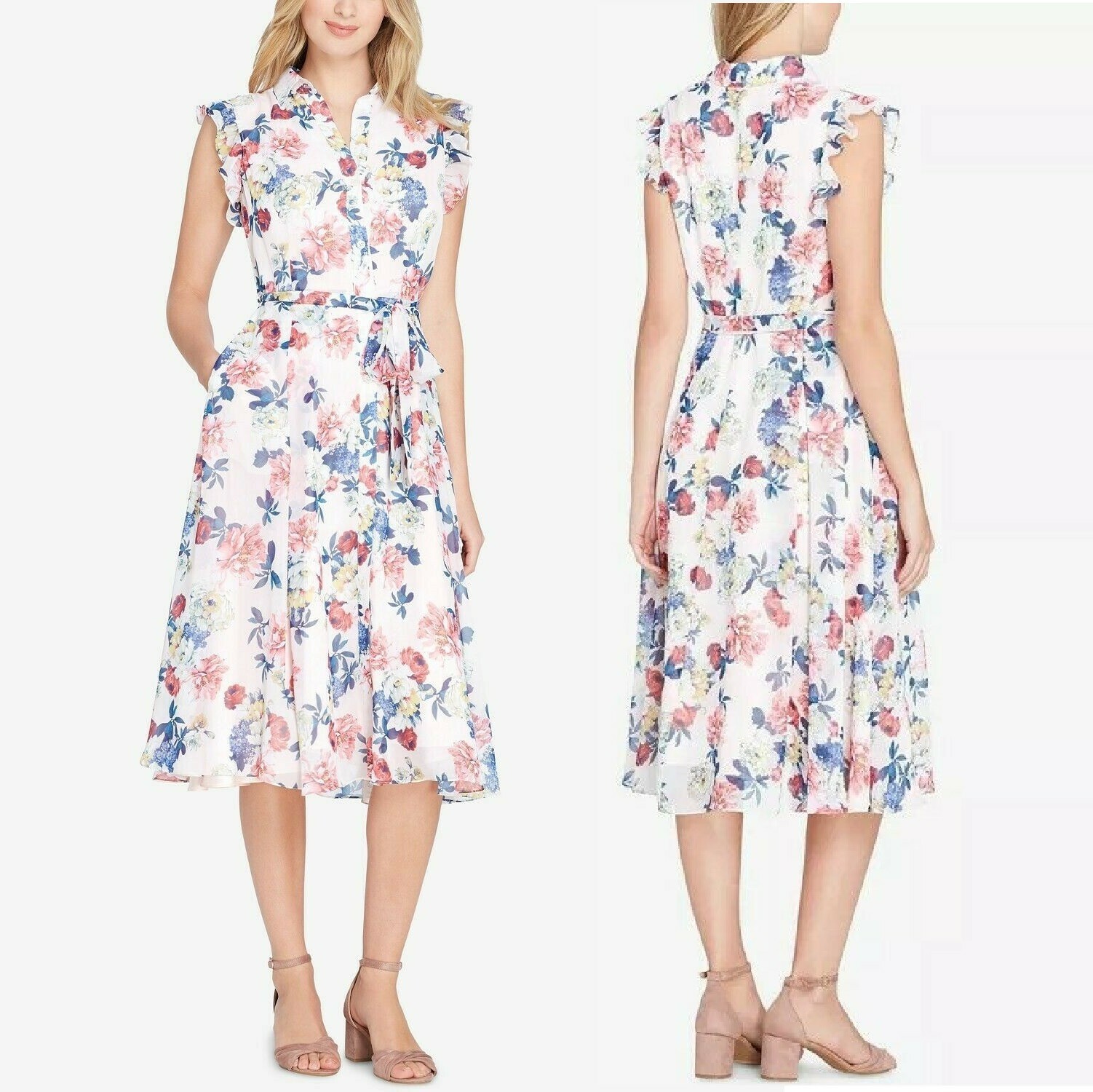 TAHARI ASL Belted Floral Print Ruffled Button A-Line Shirt Dress, 2 White