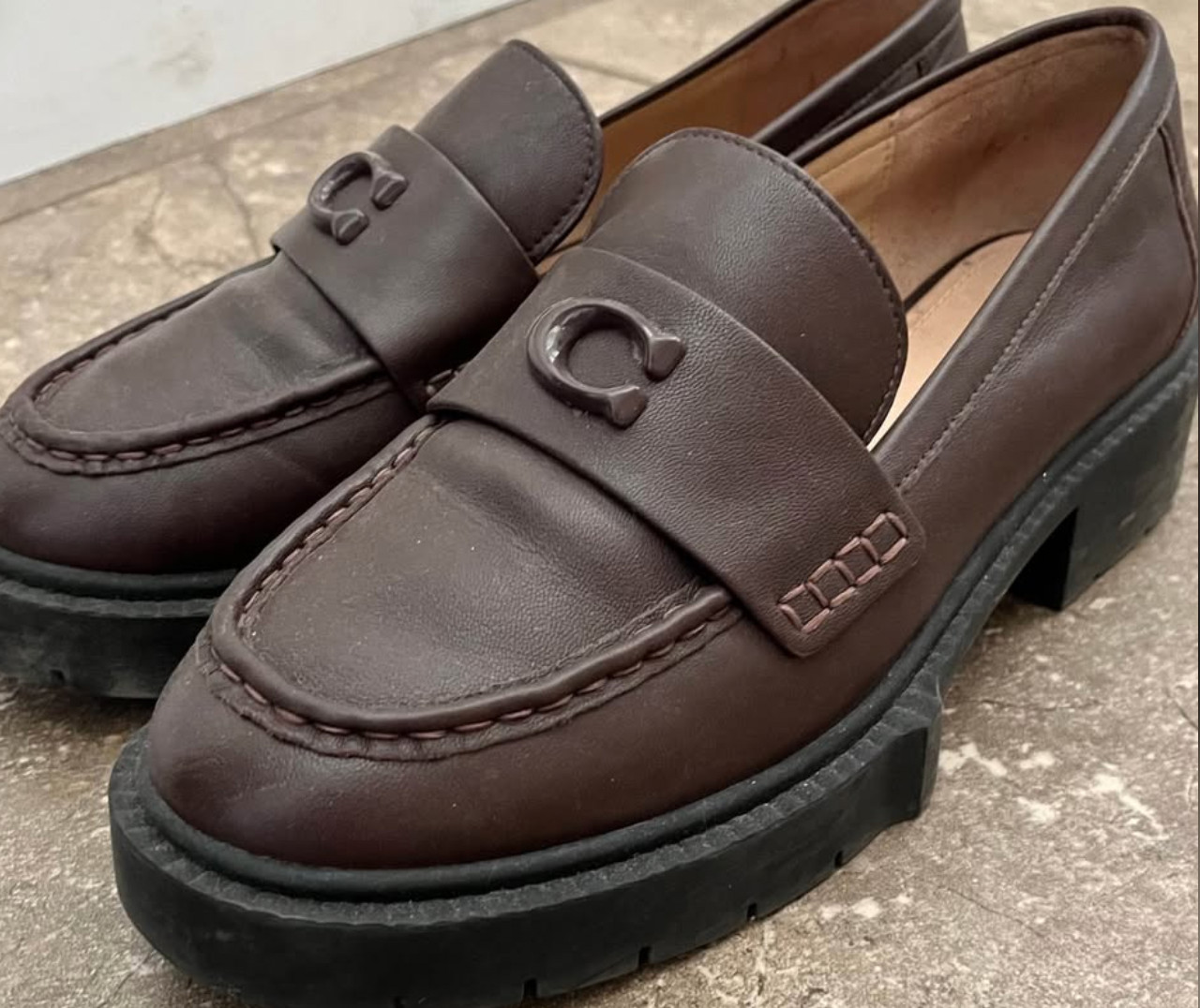 Coach Leah Platform Lug Sole Brown Leather Loafer Shoes Size 7.5B