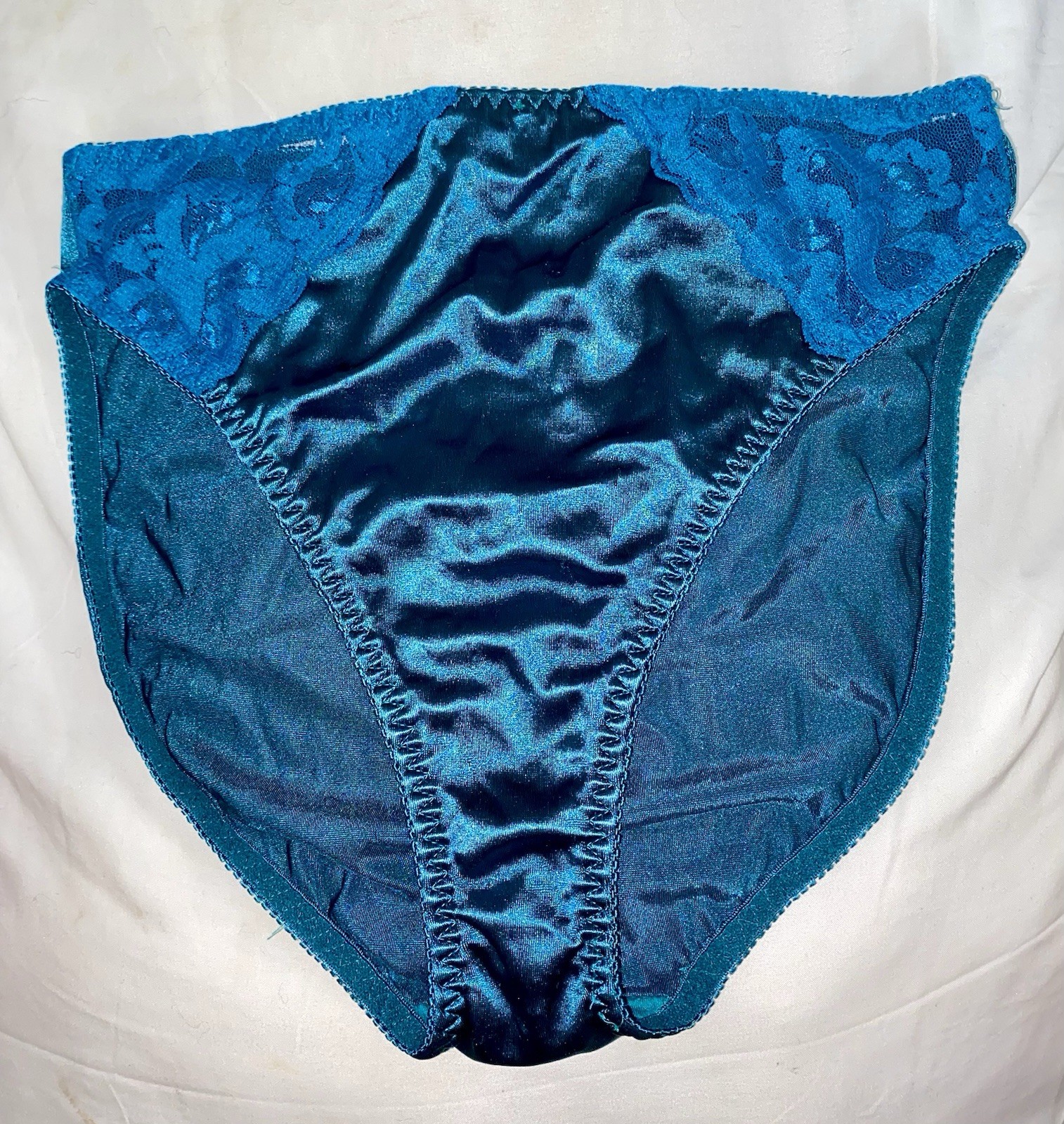 VTG STRETCH SATIN & LACE HI LEG HI CUT BRIEF SZ 7 Satin Spandex Nylon Turquois