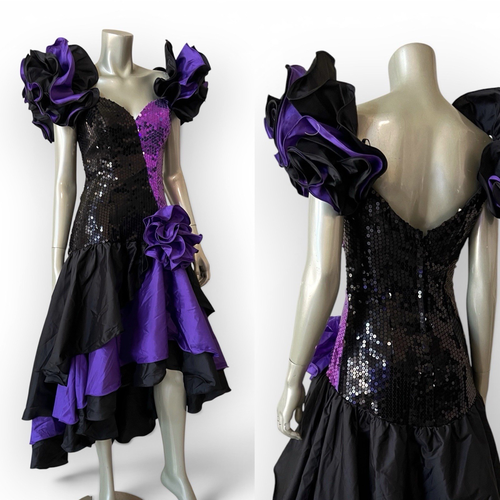 Vintage 80s Prom Party Sequin Dress S Puff Sleeve Bow Asymmetrical Black Purple