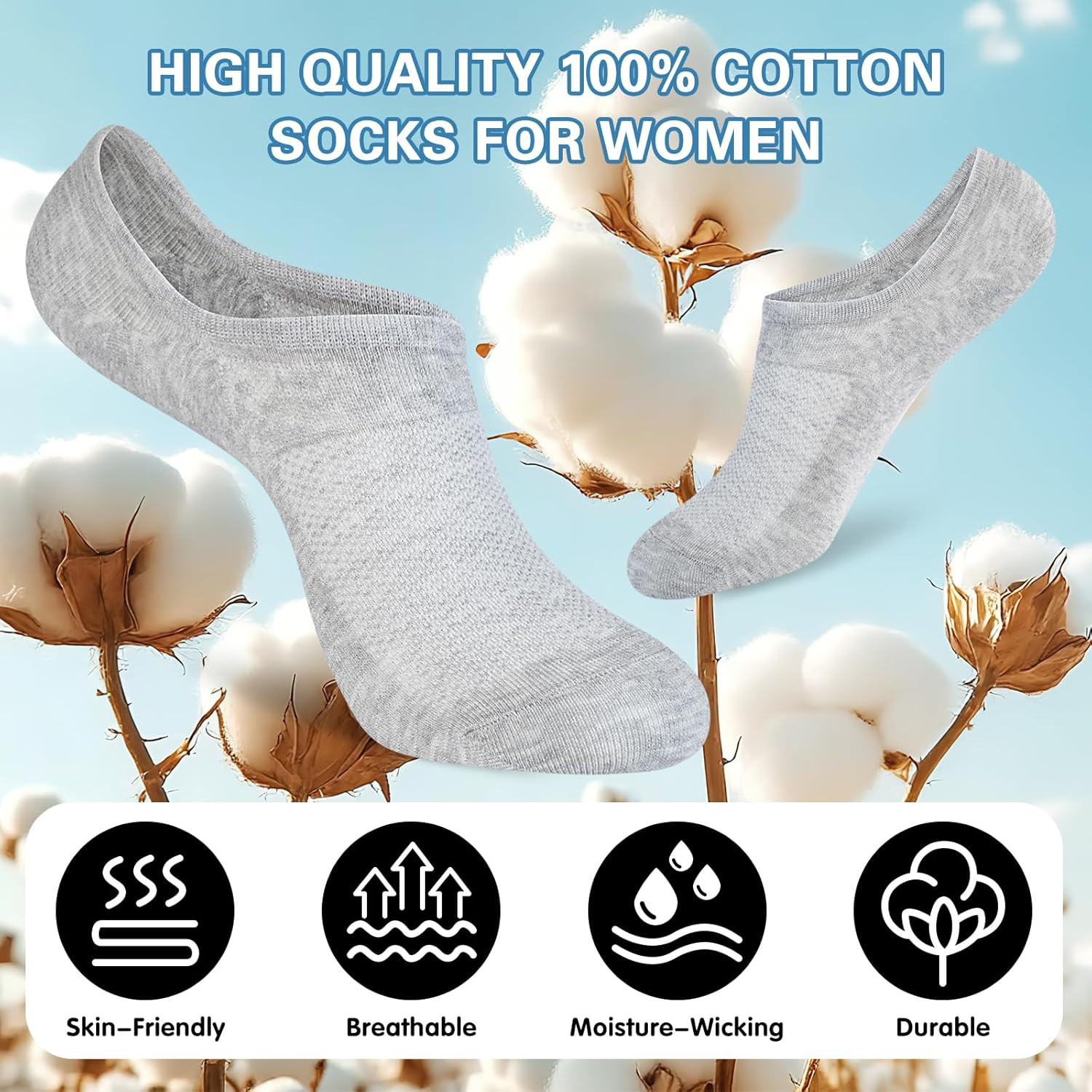 8 Pairs Womens 100% Cotton Non Slip No Show Socks, Low Cut Casual Invisible Line