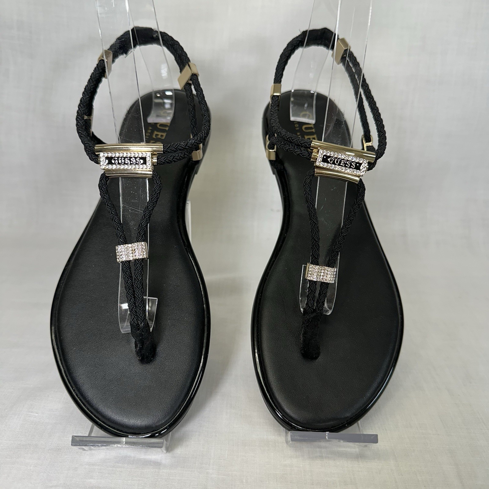 Guess GF Coins Black Rhinestone Logo Thong Sandals 7 Braided Strappy Slingback