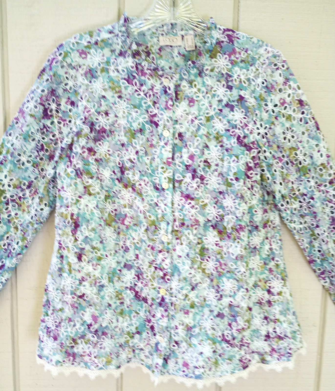 LOGO Size S Floral Lace Eyelet Cotton Gathered Long Sleeve Top Button-Up Women