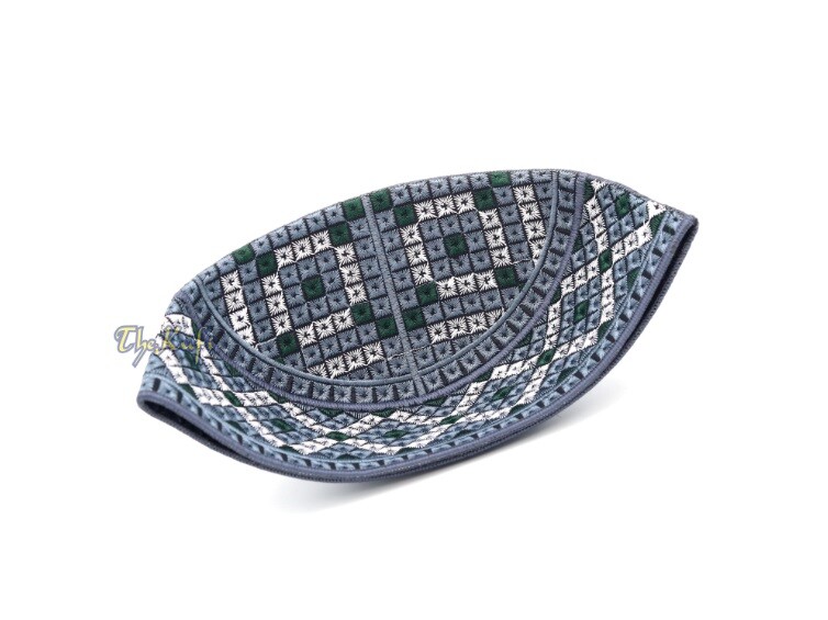 White Gray and Green Embroidered Diamond Design Semi-rigid Pakistani-style Kufi