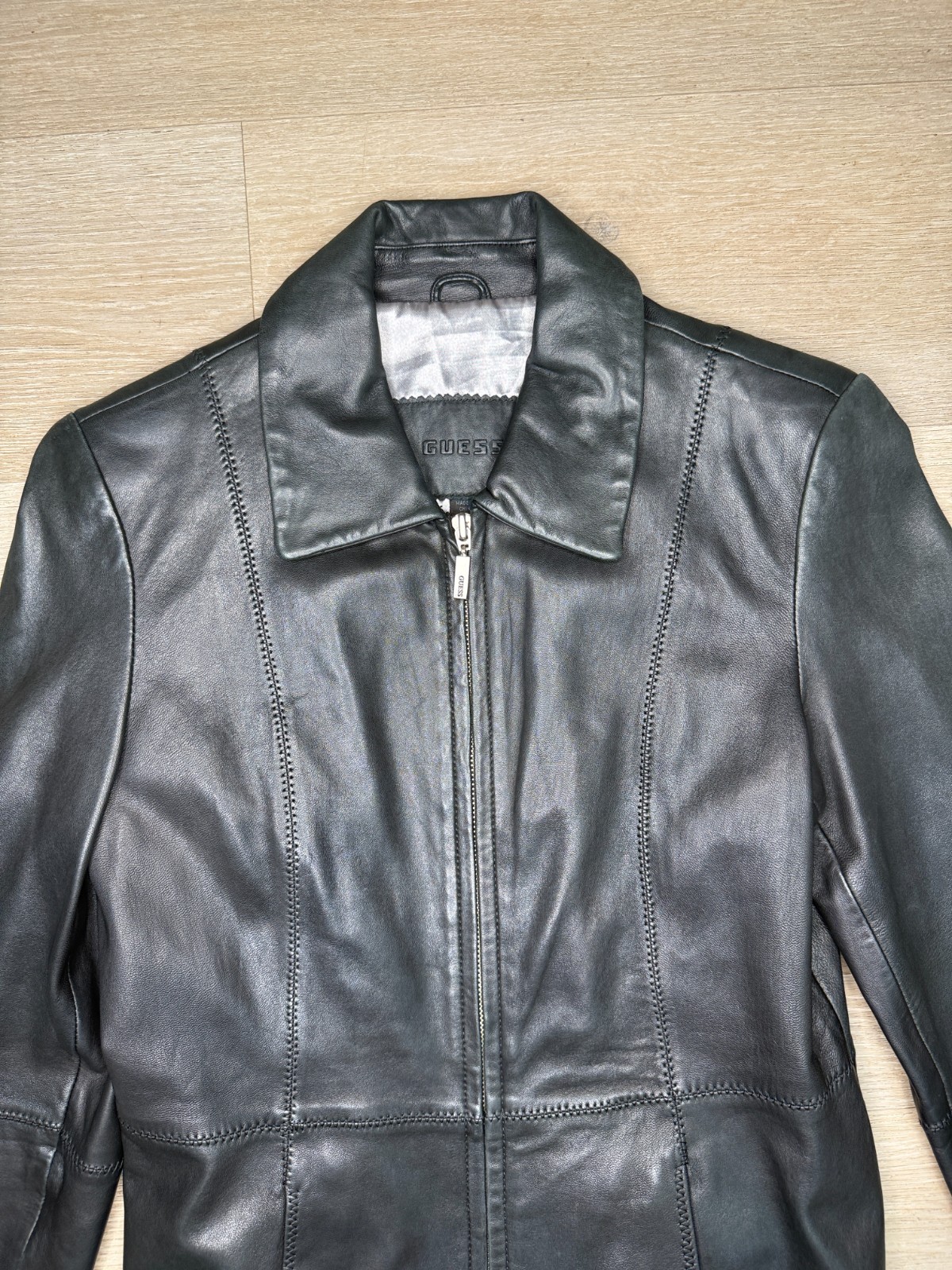 Vintage Guess Genuine Leather Jacket Women’s Black Moto Biker Zip Coat Size S