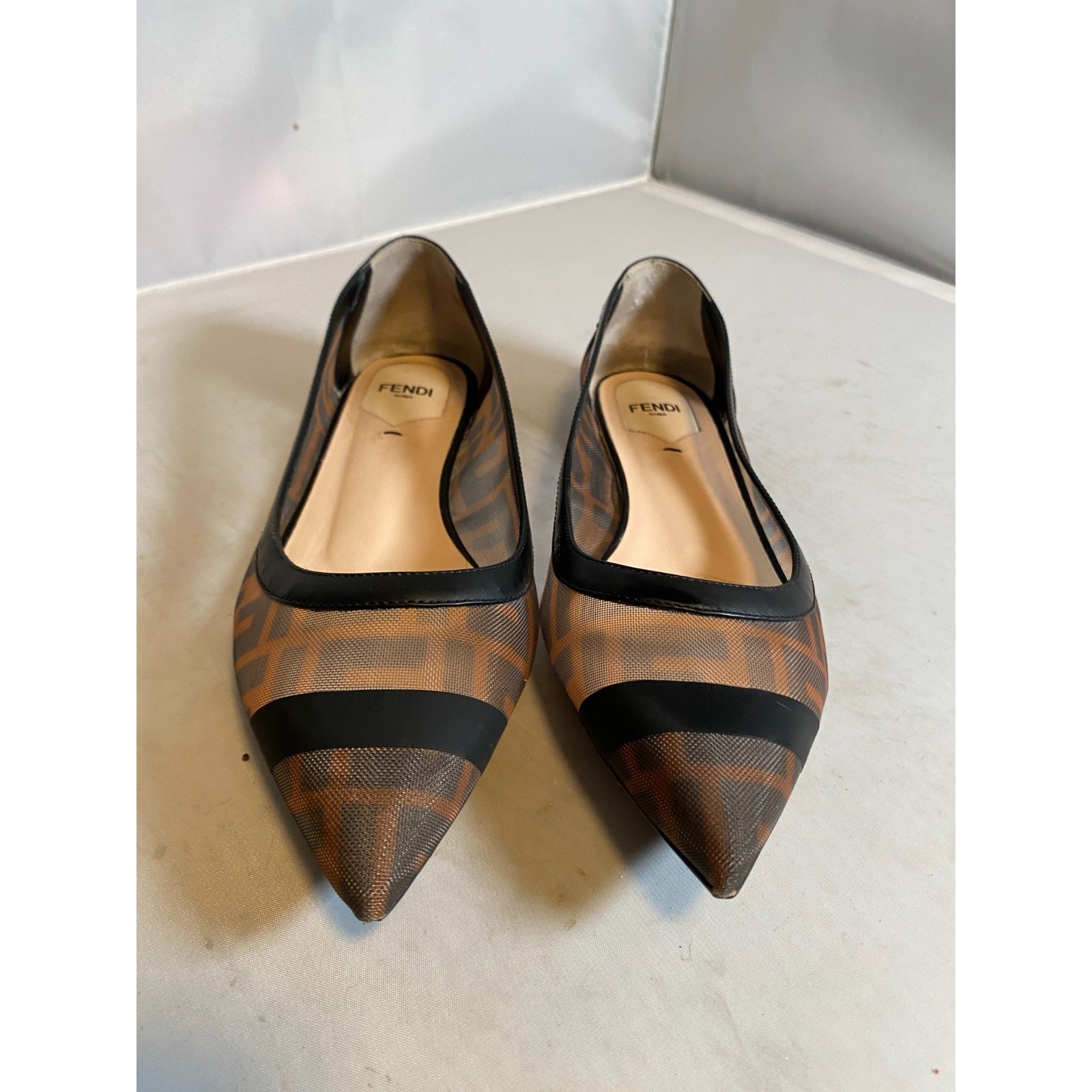 Fendi Ws 36.5 Black and Brown Zucca FF Mesh Ballerina Flats Shoes