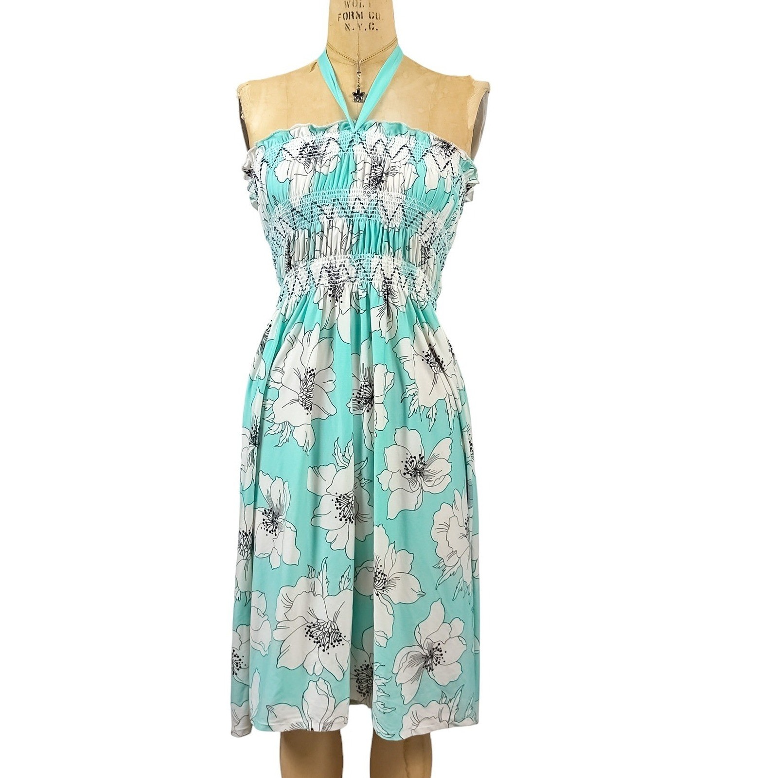 2000s Floral Halter Dress Turquoise Smocked Waist Tropical Beachy Boho Size S