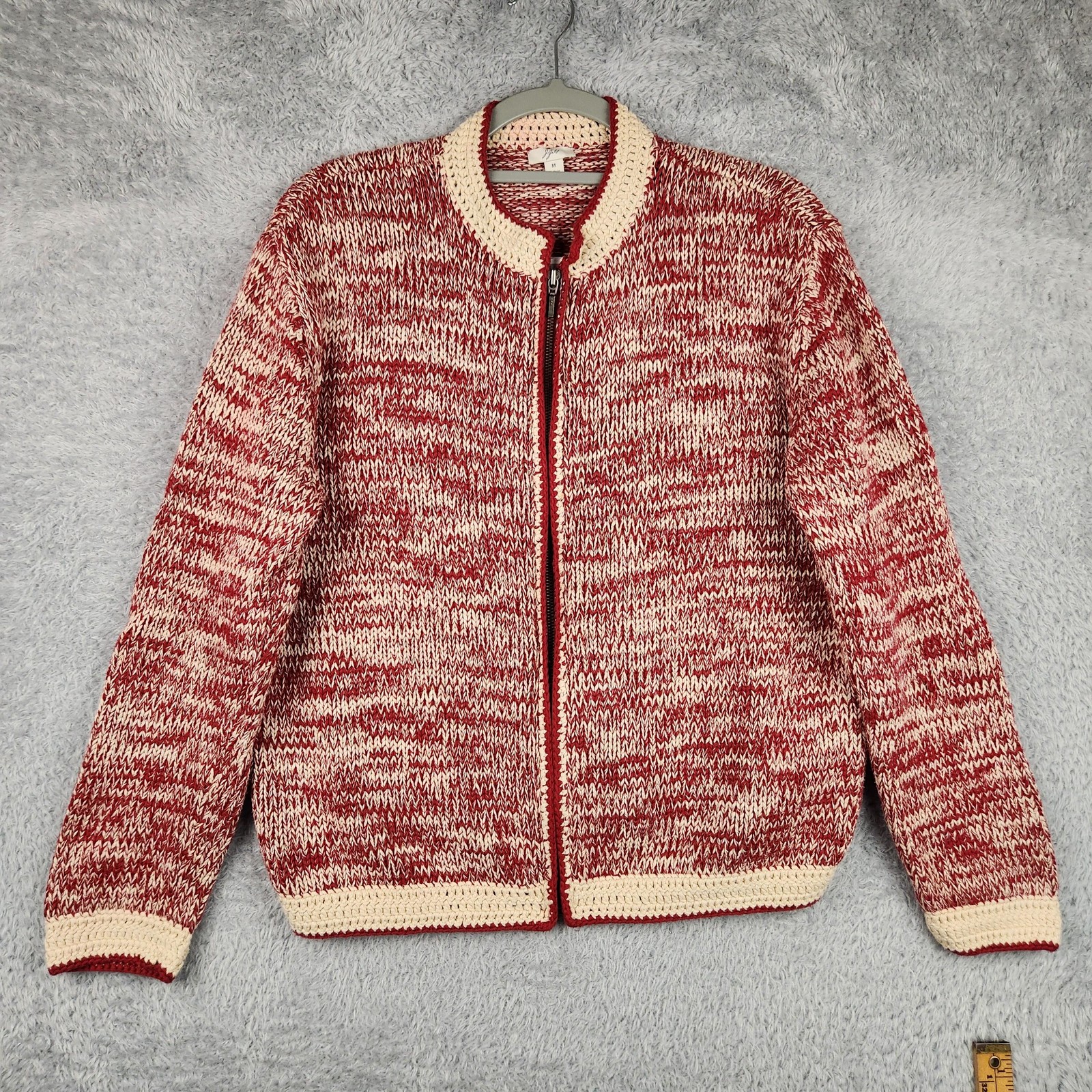 J Jill Cardigan Sweater Womens Medium Red White Zip Chunky Knit Cottage Boho