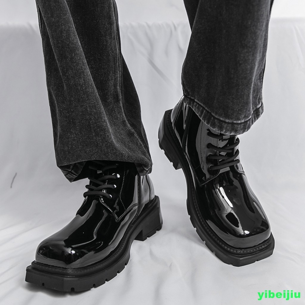 Mens Shiny Leather Dress Ankle Short Boots Platform Wide Shoes Motorcycle Gothic