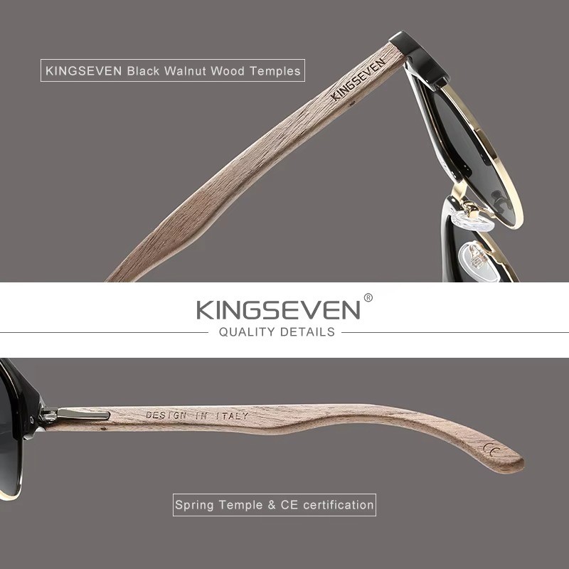 KINGSEVEN Polarized Walnut Wood Sunglasses UV400 Round Frame Men Women