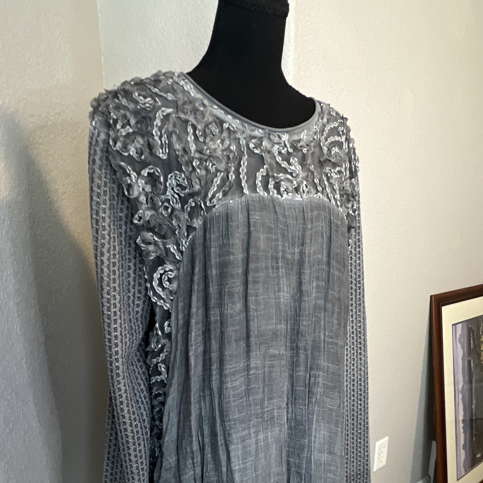 Simply Couture Gray Lace Embroidered Sheer Round Neck Long Sleeve Tunic XXL