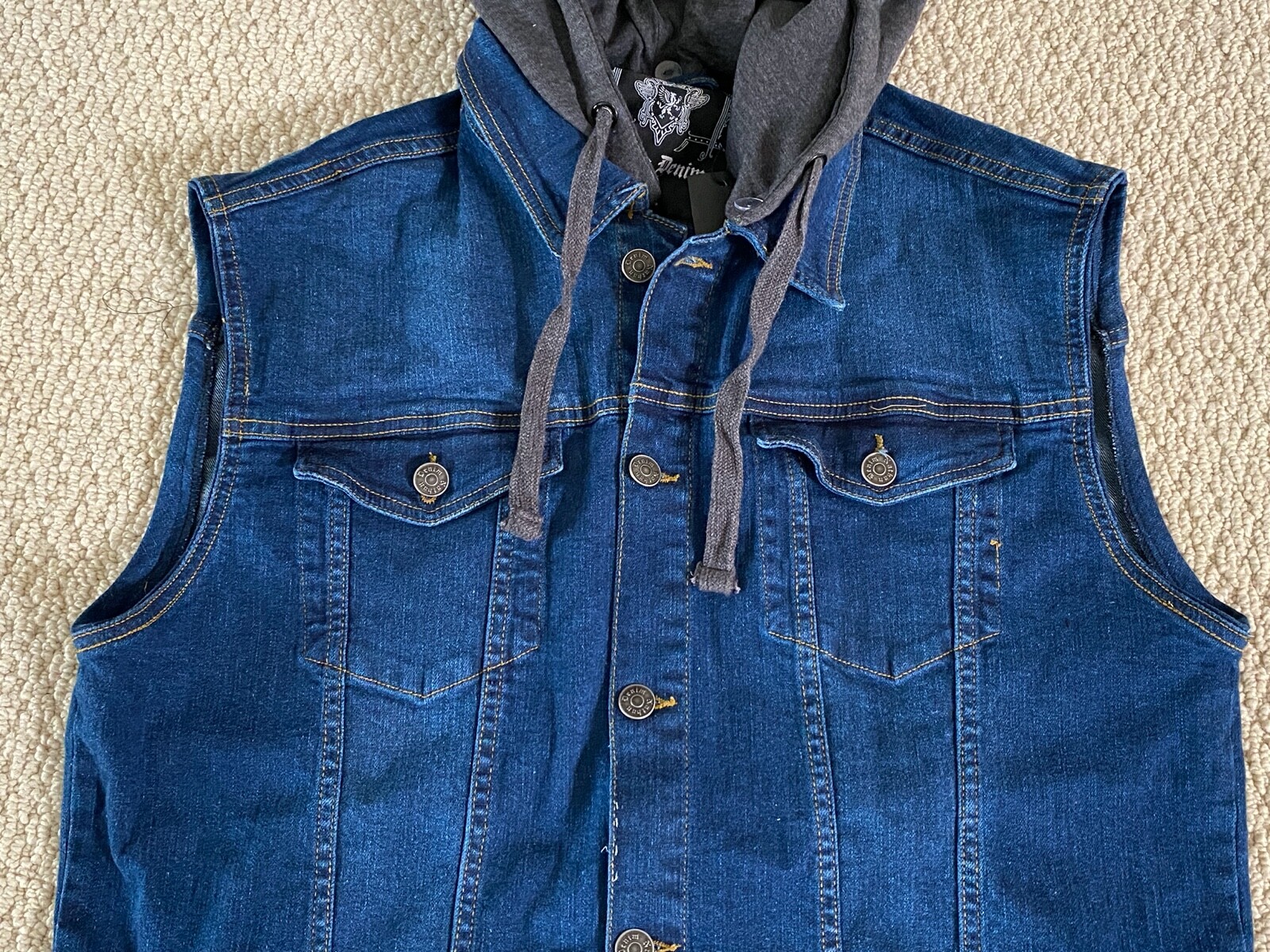 NWT Men’s Nathan Denim Stonewash Blue Convertible Hood Hoodie Denim Jean Vest