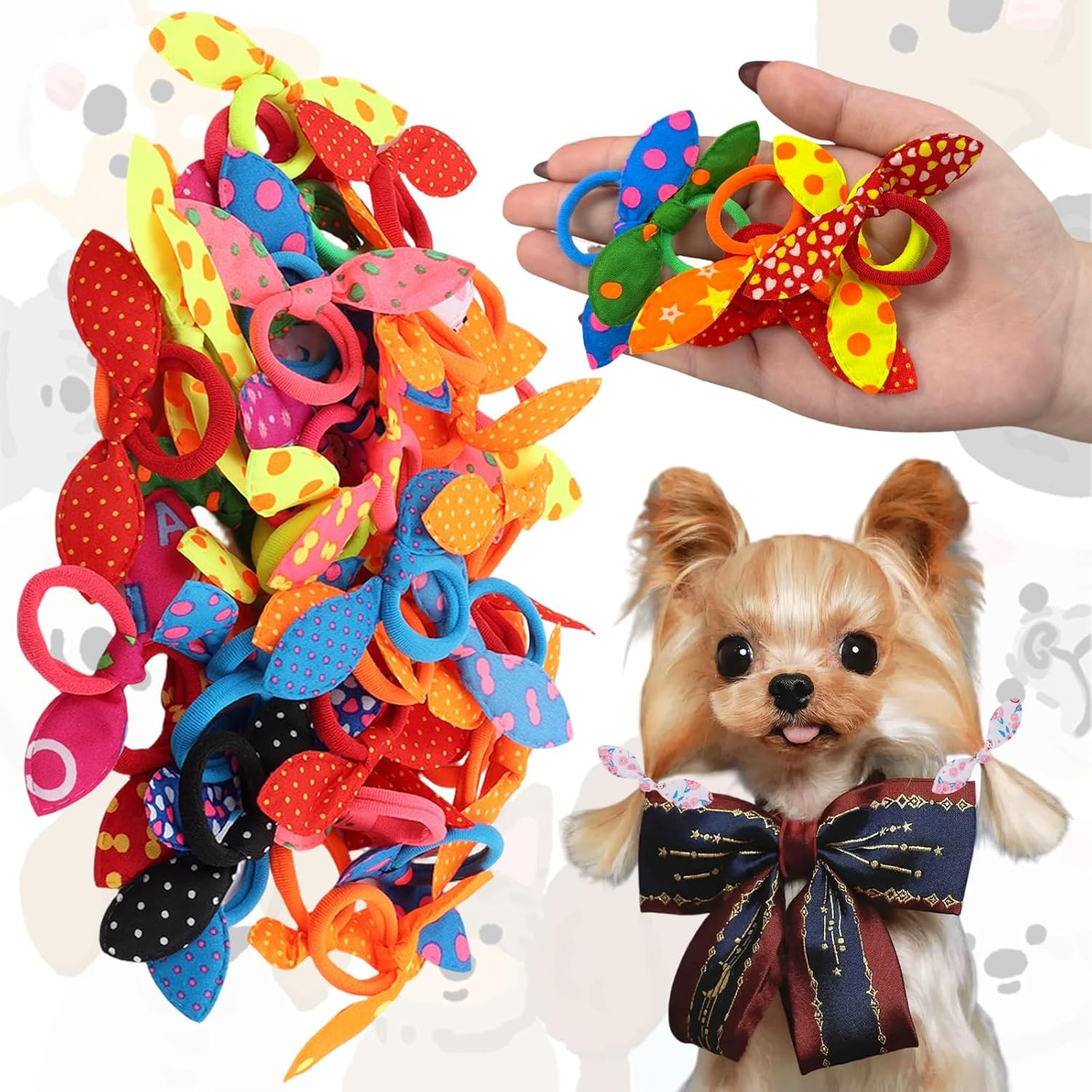 50 Pcs Small Dog Hair Ties, Rabbit Ear Shape Hair Bows with Rubber Bands, Cute M