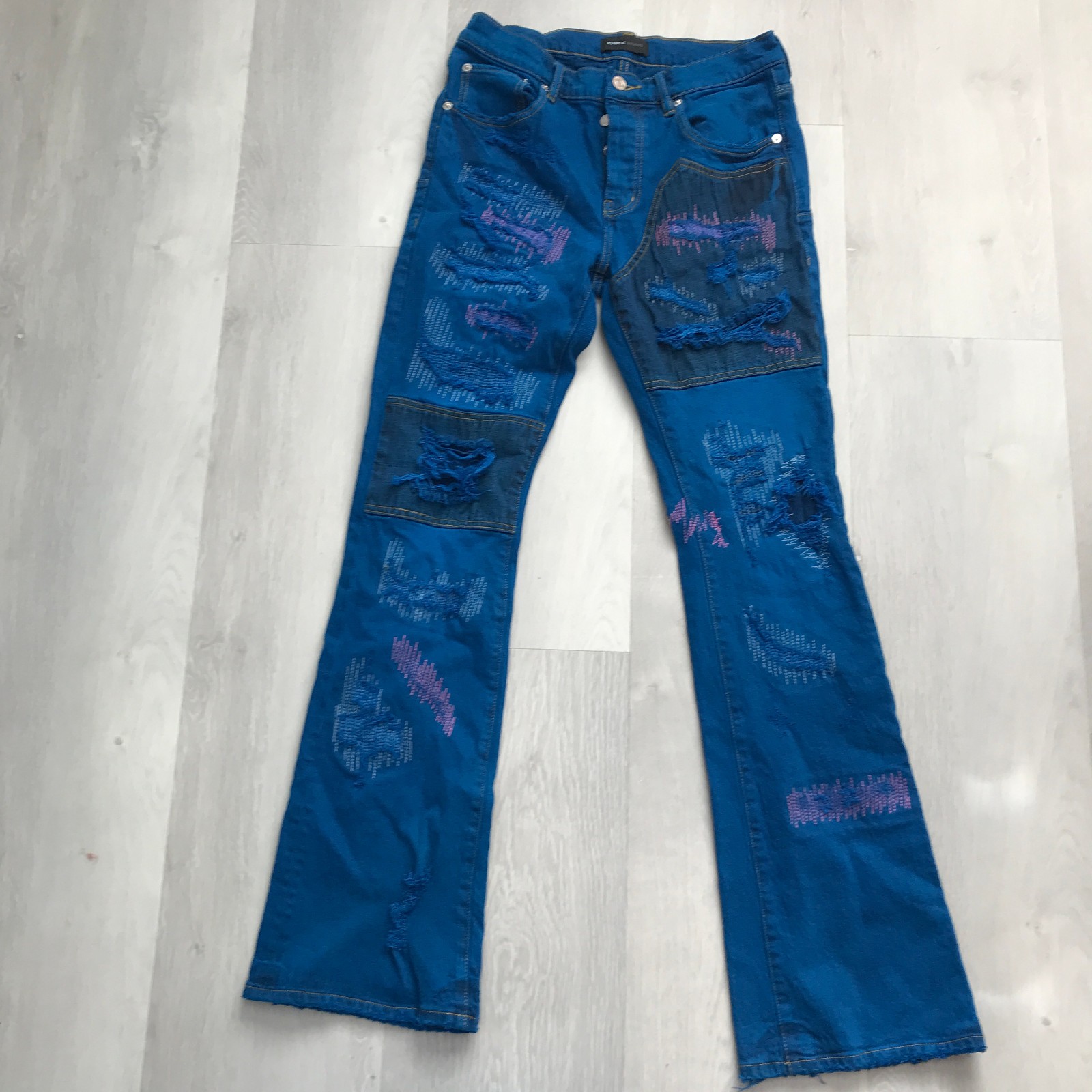 Purple Brand Jeans Mens 30 Blue Low Rise Flare Distressed Contrasting Stitching