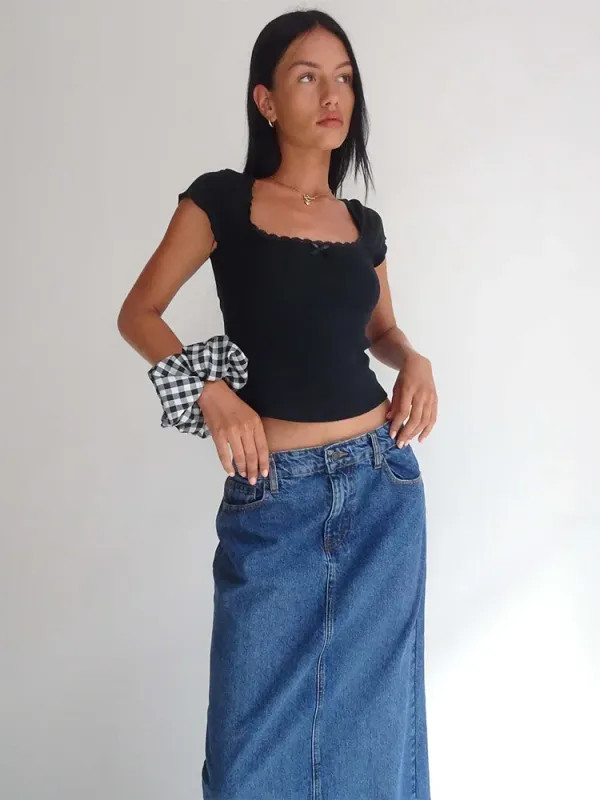 Vintage Lace Trim Baby Tee Square Neck Crop Top Cottage Style Women