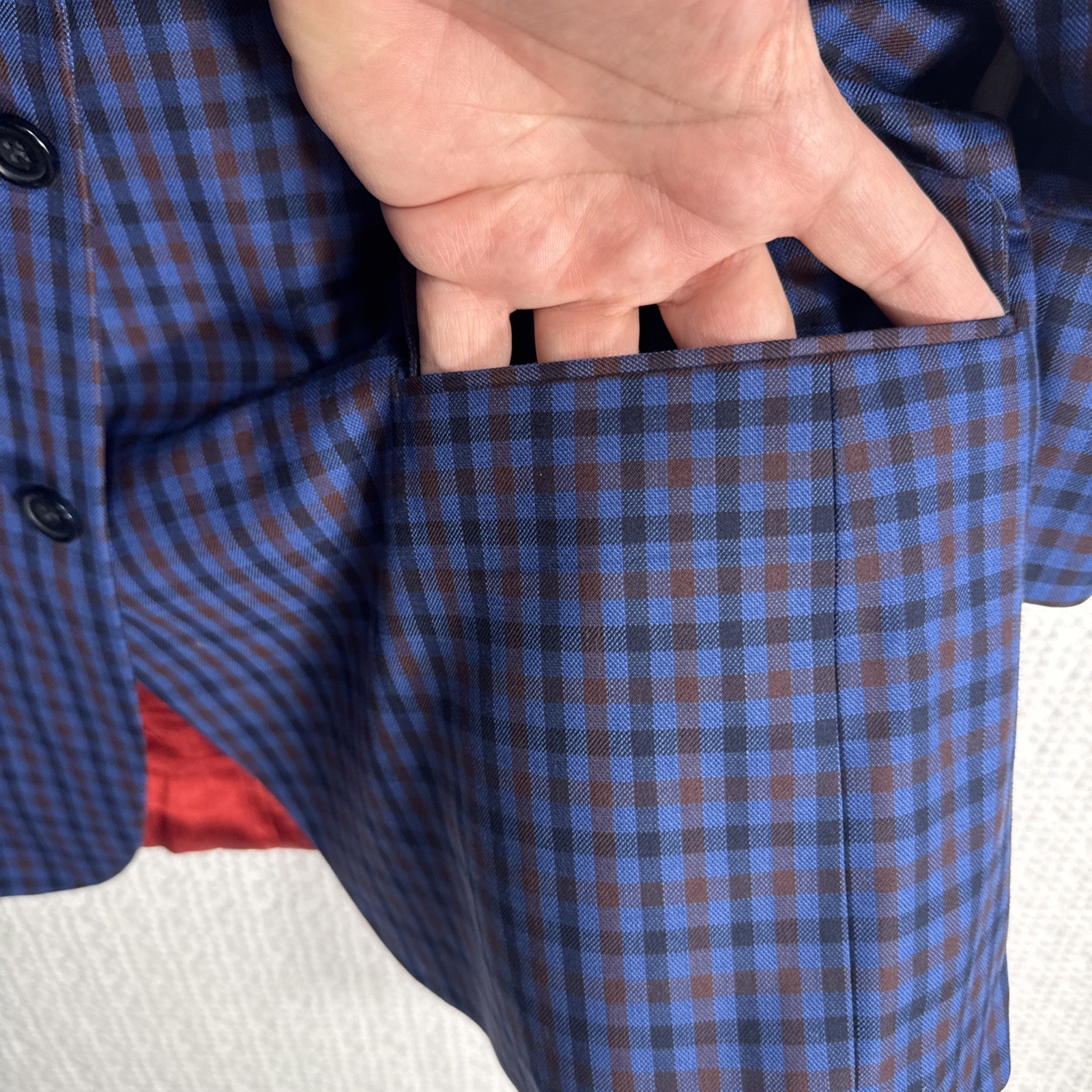 @Hole Tom James Corporate Image Bespoke 44S Slim Blue Gingham Shortened Arms