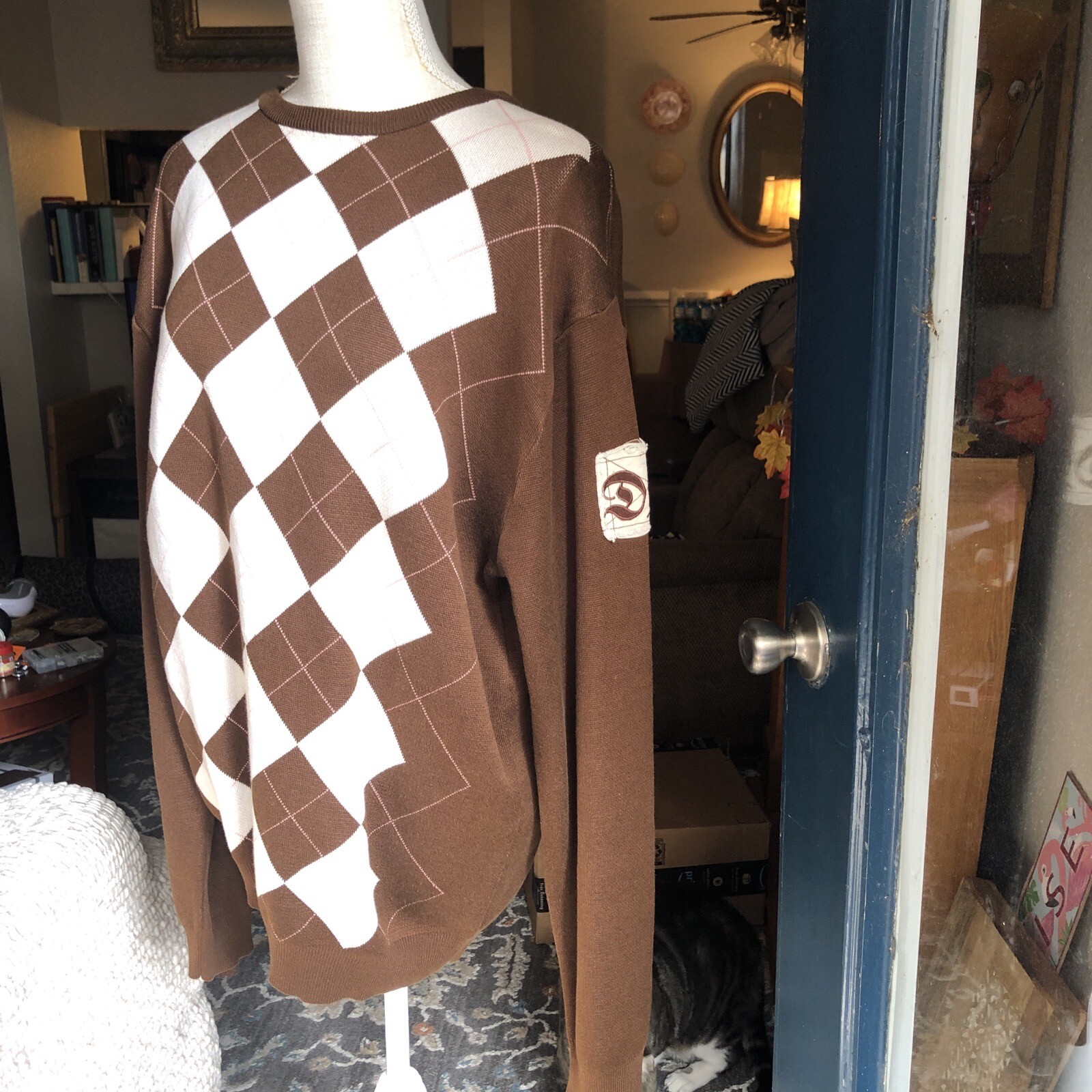 Drunknmunky Silk Argyle Sweater Brown Sz L Logo Fall (small Flaw See Pics)