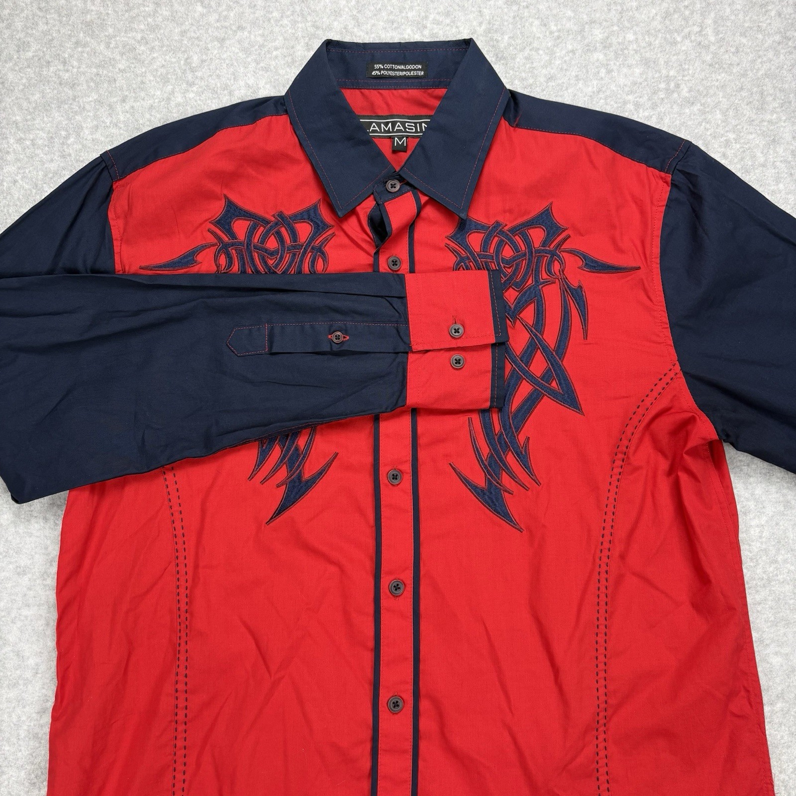 Lamasini Button Down Shirt Mens M Red Navy Tribal Embroidered Western Rodeo