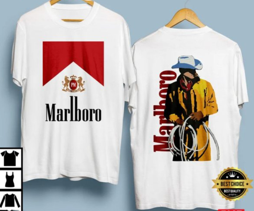 Vintage 90s Western Tee Marlboro Cowboy White Red Logo Graphic Shirt USA