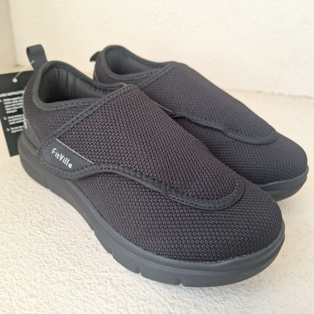 Fitville Shoes Womens 8.5EW EasyTop Wings Diabetic Recovery Black Mesh Adustable