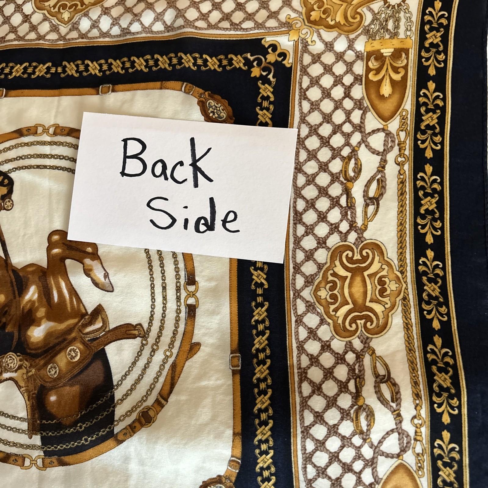 Scarf 100% Silk Gold Navy Blue And Beige Equestrian Scarf 20 Inches By 20 Inches