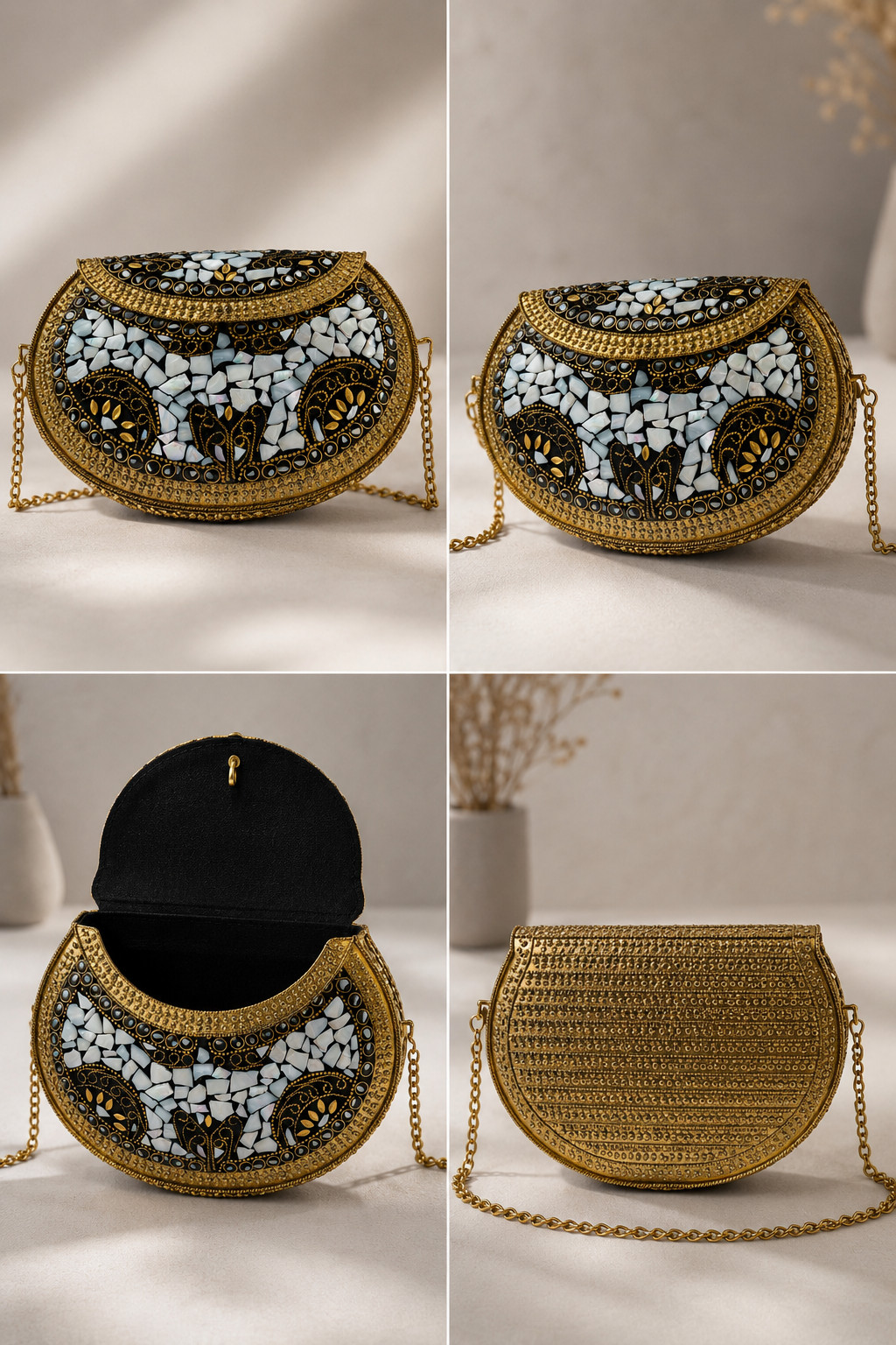 Vintage Mosaic Clutch Bag | Gold Black Pearl Shell Evening Purse Crossbody