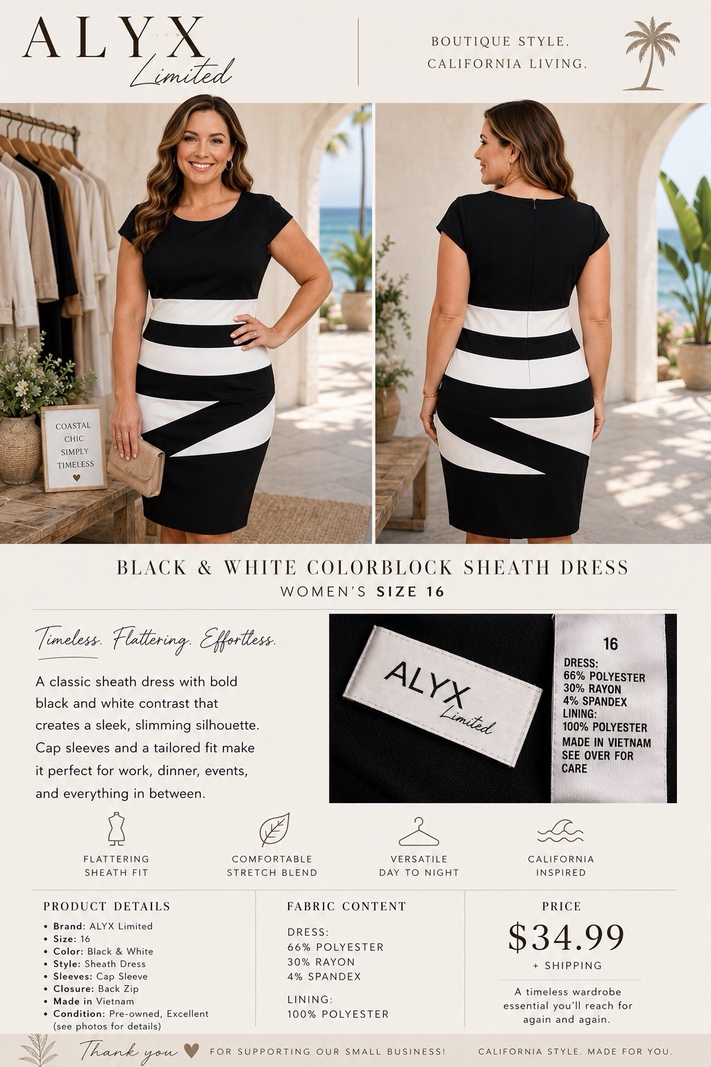 Alyx Limited Black/White Colorblock Sheath Dress Size 16 Knee Cap Sleeve Zip