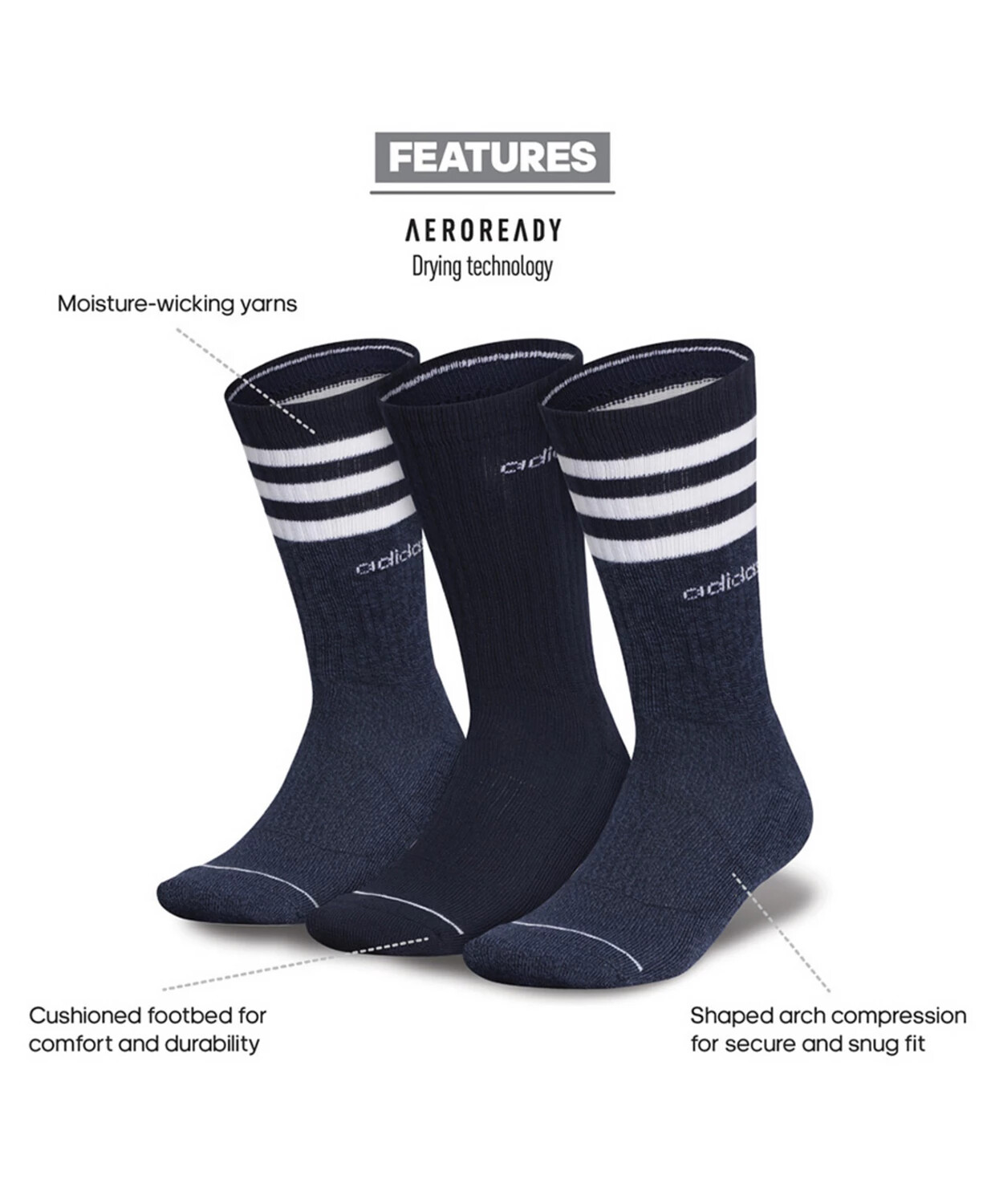 adidas Mens 3-Pack 3-Stripe Crew Socks Size: 6-12 Dark Blue/White 3-Pairs New