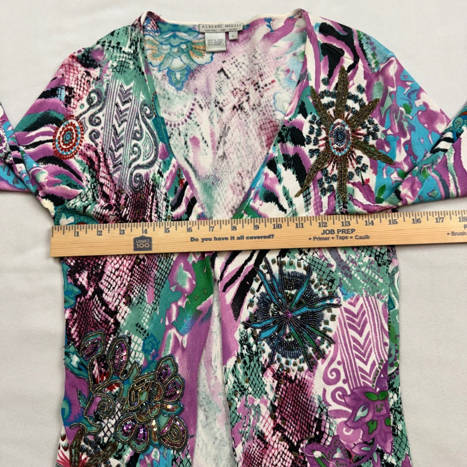 Alberto Makali Womens Beaded Mixed Print Open Front Cardigan Purple Teal Small