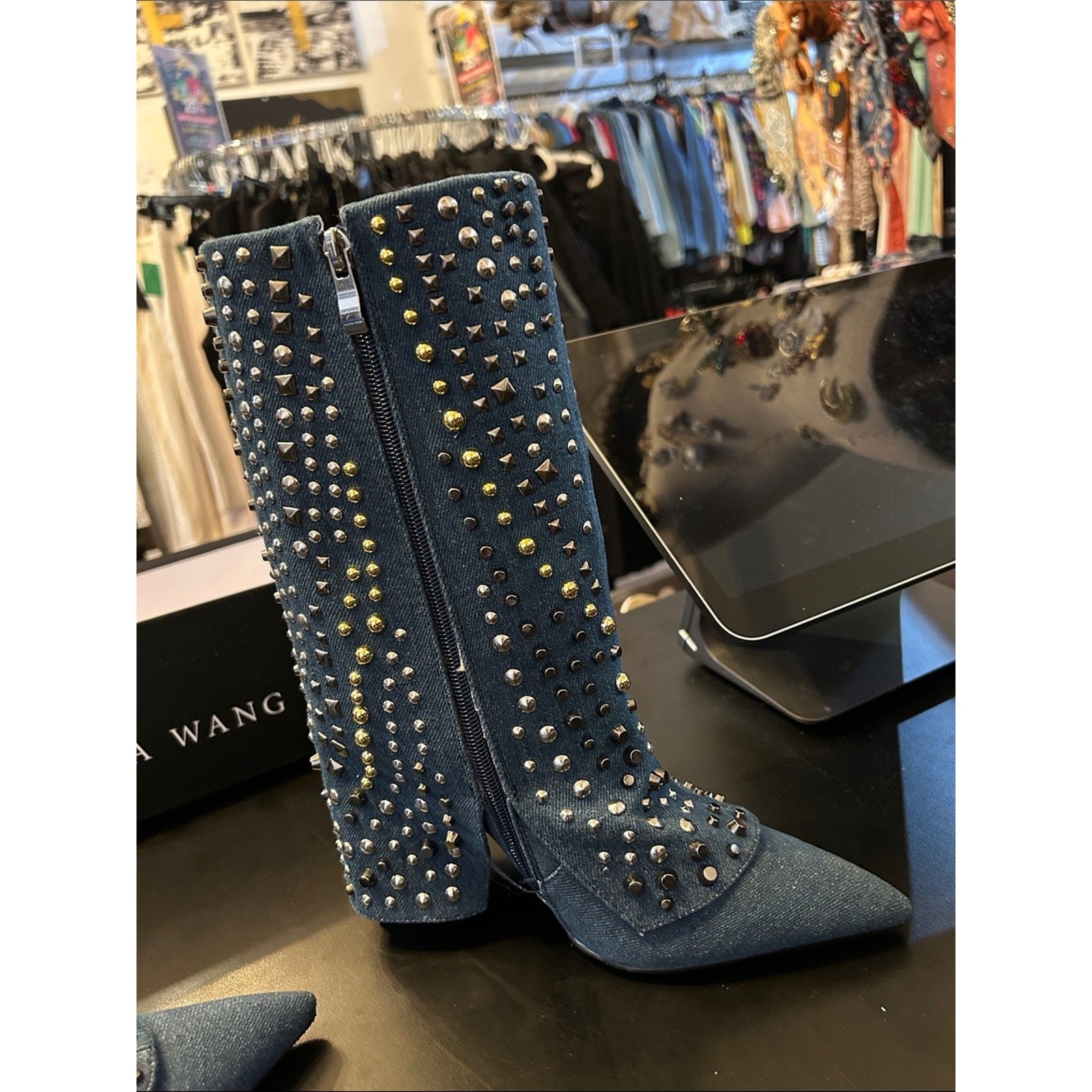 Azalea Wang Studded Denim Mid-Calf Boot – Blue with Mixed Metal Studs