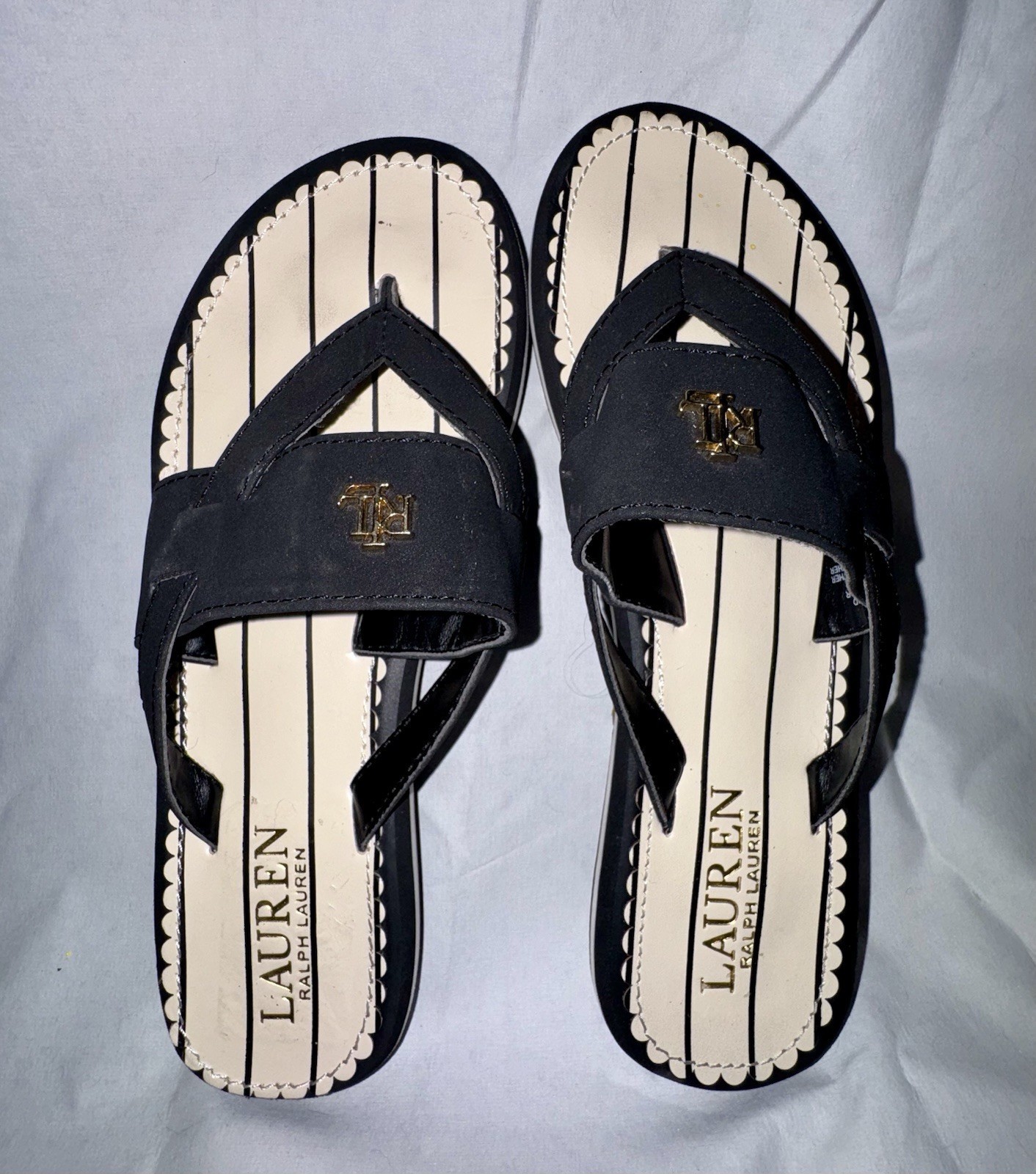 Lauren Ralph Lauren Black/White Striped Leather Thong Sandals US 6.5