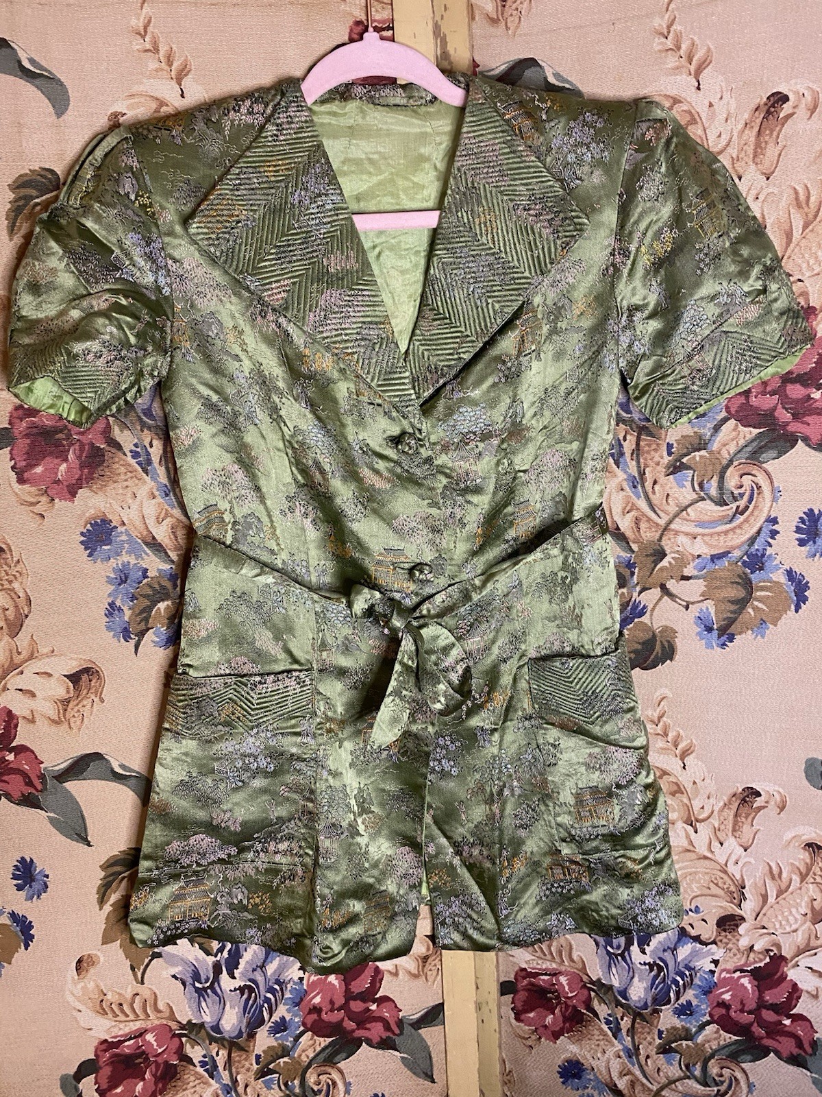 VTG Embroider Estat Regency Brocade Blazer Detail Puff Sleeve XS Oriental Design