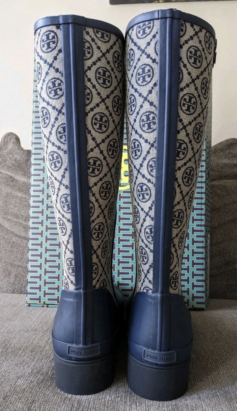 Tory Burch T Monogram Hurricane Tall Rain Boot Size 9M Blue No Shoe Box