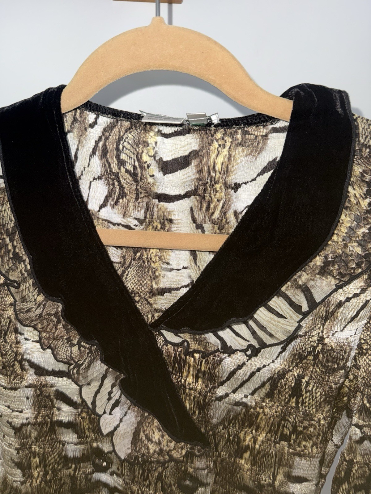 Vintage Alberto Makali Animal Print Button-Front Velvet Trim Blouse Size S