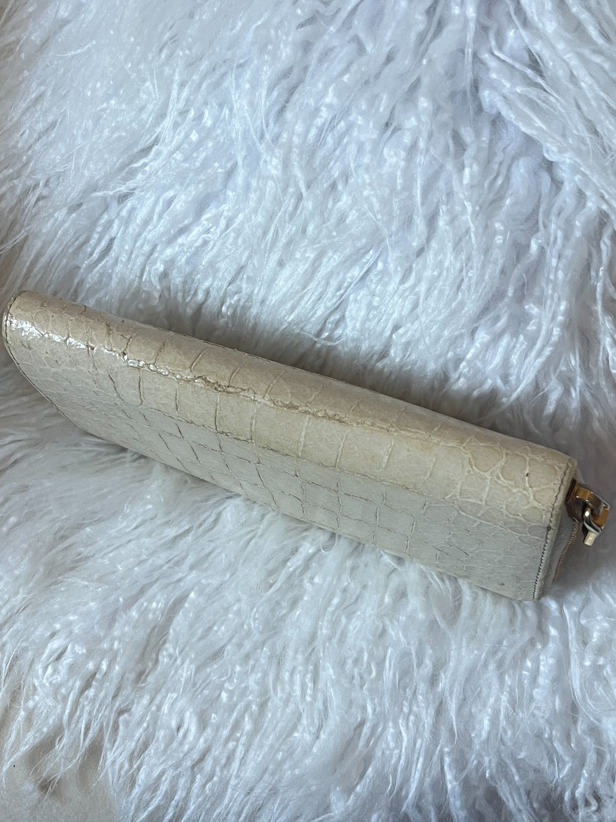 Miu Miu Beige Croc Embossed Zip Clutch Wallet