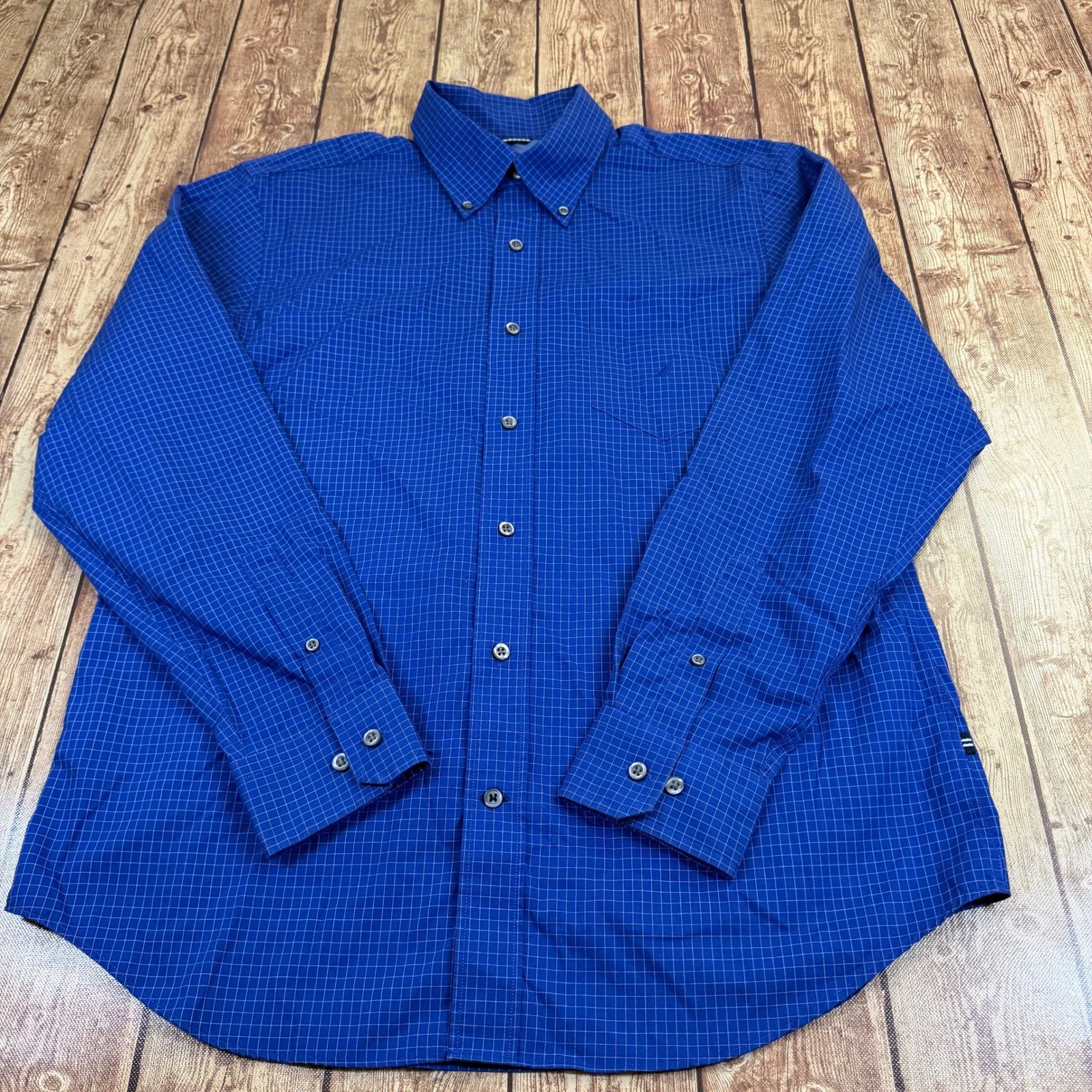 Nautica A Bit Trimmer Button Up Shirt Mens Large Blue Check Cotton Trim Fit