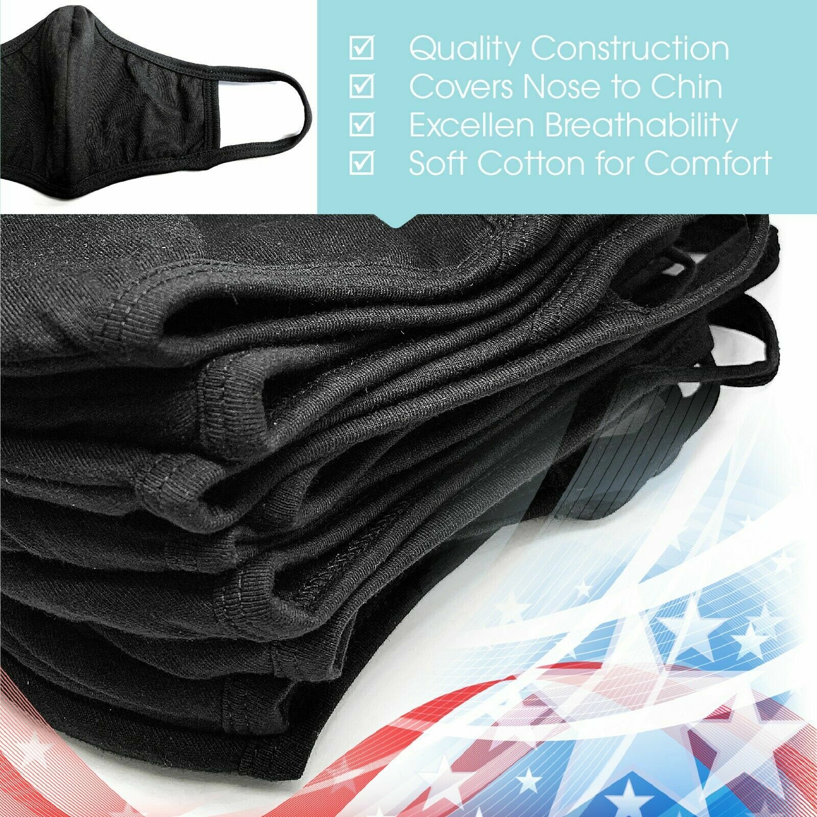 4 Pcs – Black 100% Cotton Three Layer Adult Face Mask – Reusable Washable Unisex